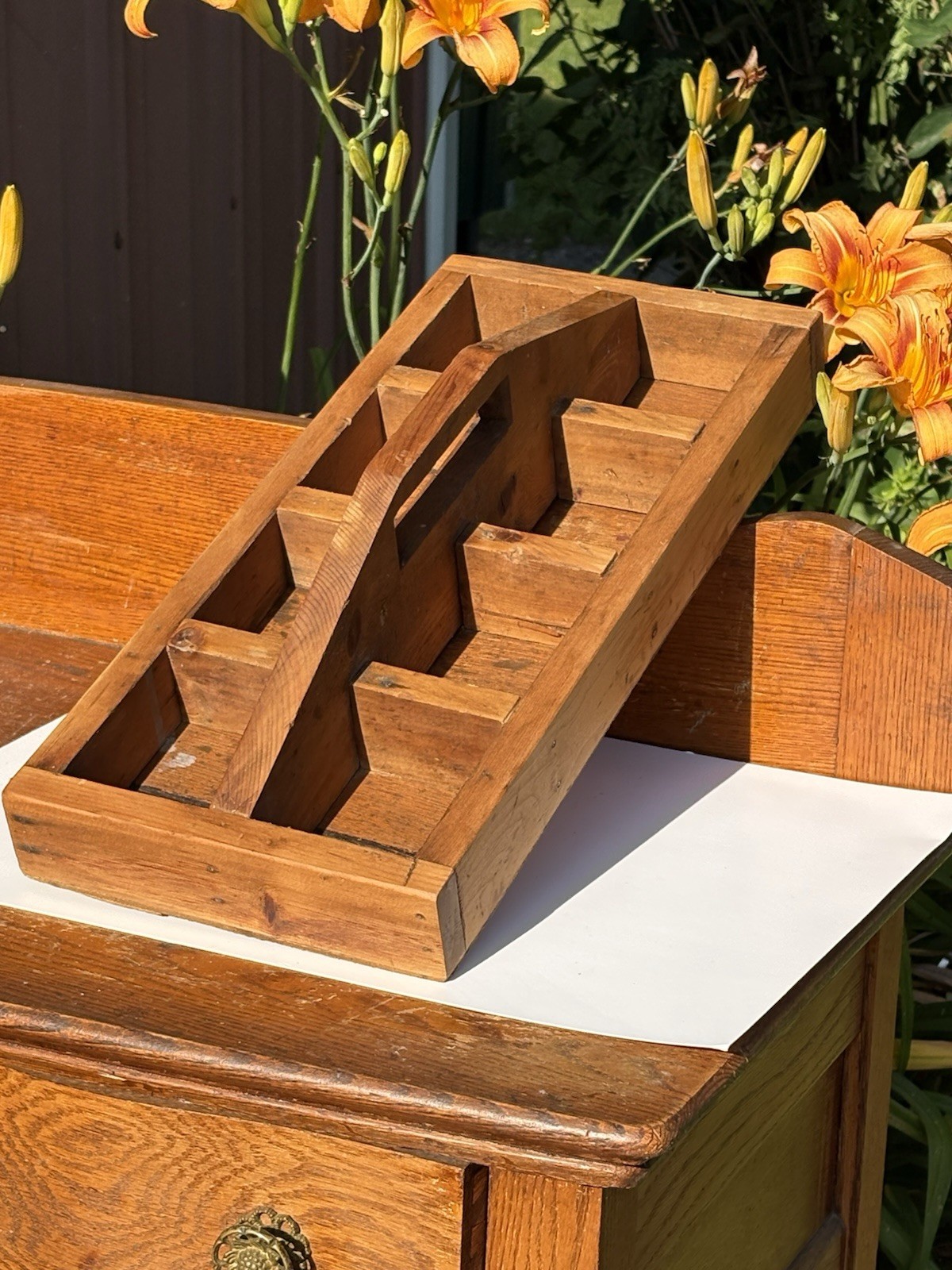 Early Primitive Antique Wooden Divided Toolbox Carrier Vintage Farmhouse