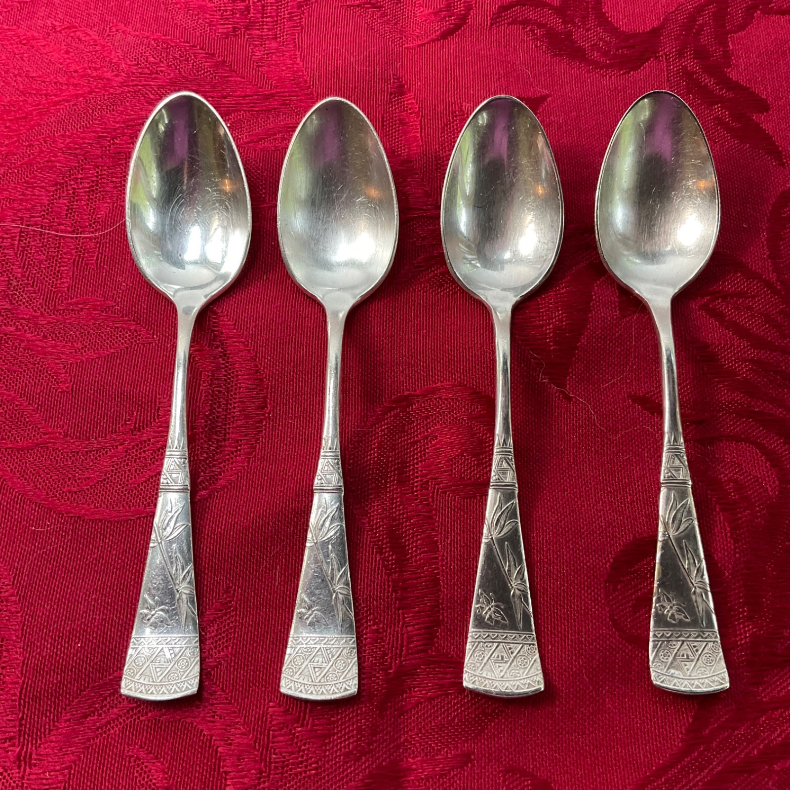 Holmes Booth & Haydens 1879 EspressoSpoonLot of 4 JapaneseBird&FloralSilverplate