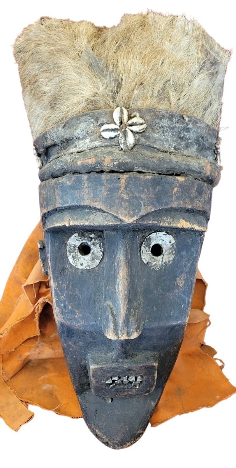 rare Dan African Tribal Wooden Mask Metalwork Fur & Shell Metal teeth 22″ x 10″