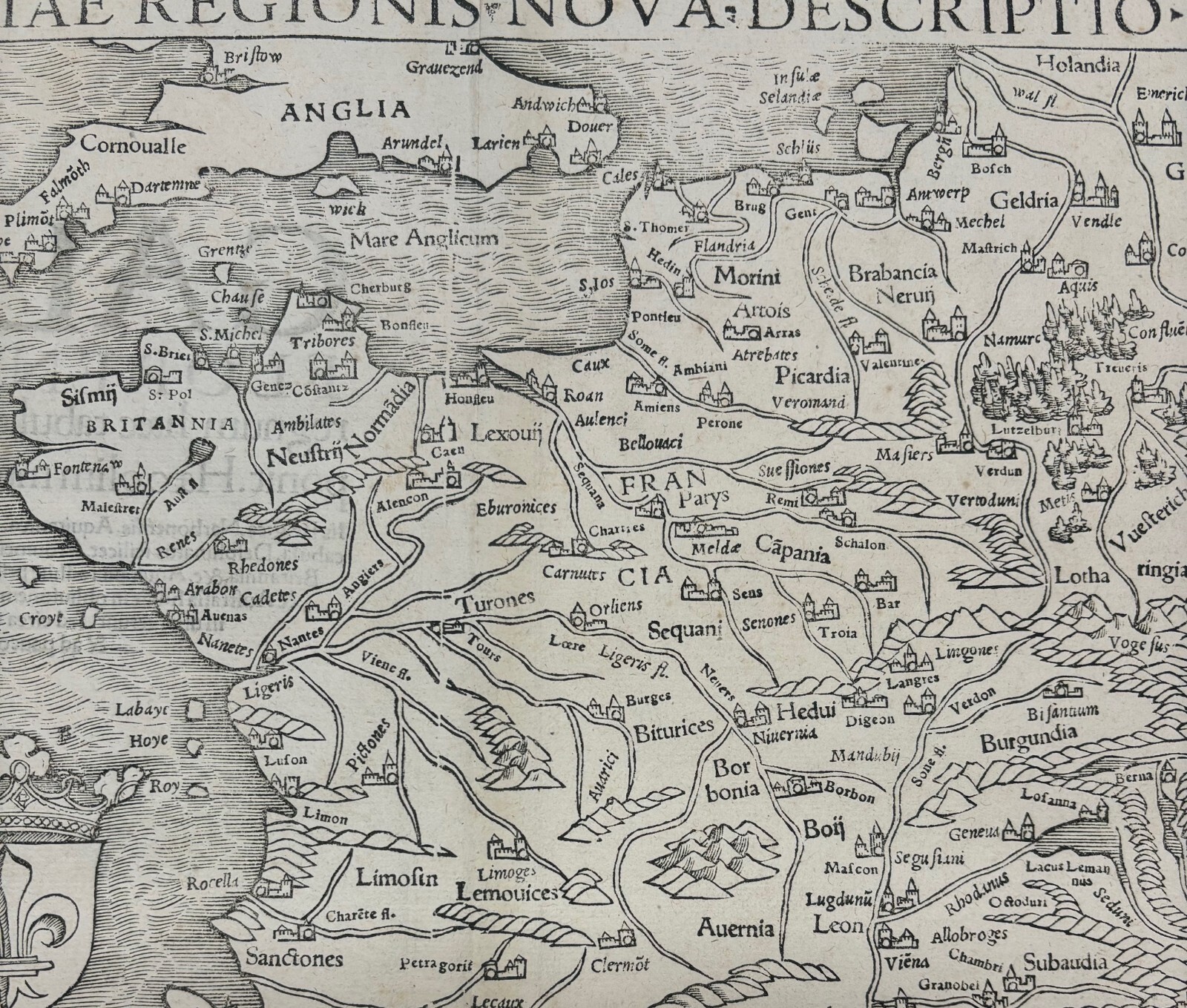 Antique c1550 Sebastian Munster MAP Galliae FRANCE from COSMOGRAPHIA UNIVERSALIS