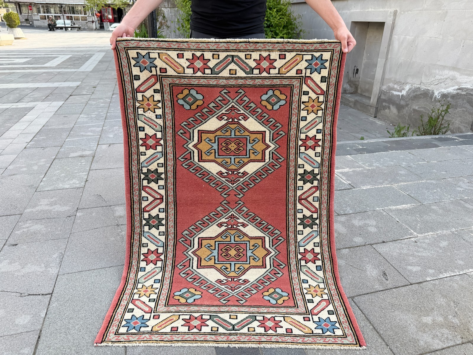 Small Vintage Turkish Rug 3.2×4.6 ft Terracotta Red Boho Area Rug Handmade Wool