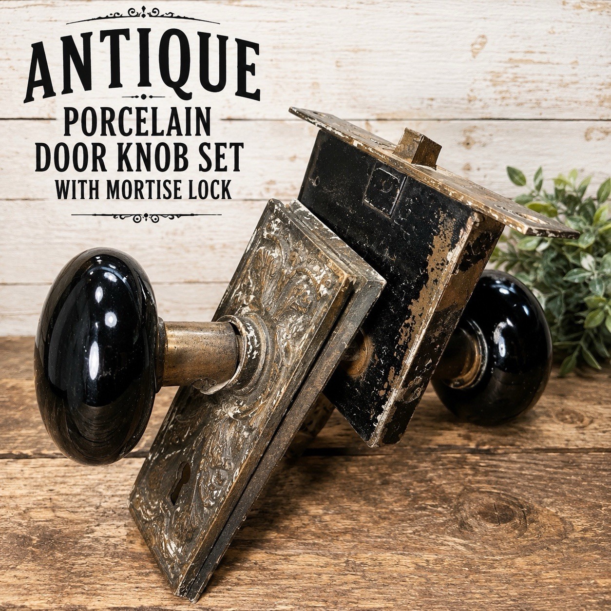 Antique Black Porcelain Door Knob Set Mortise Lock Ornate Victorian Hardware