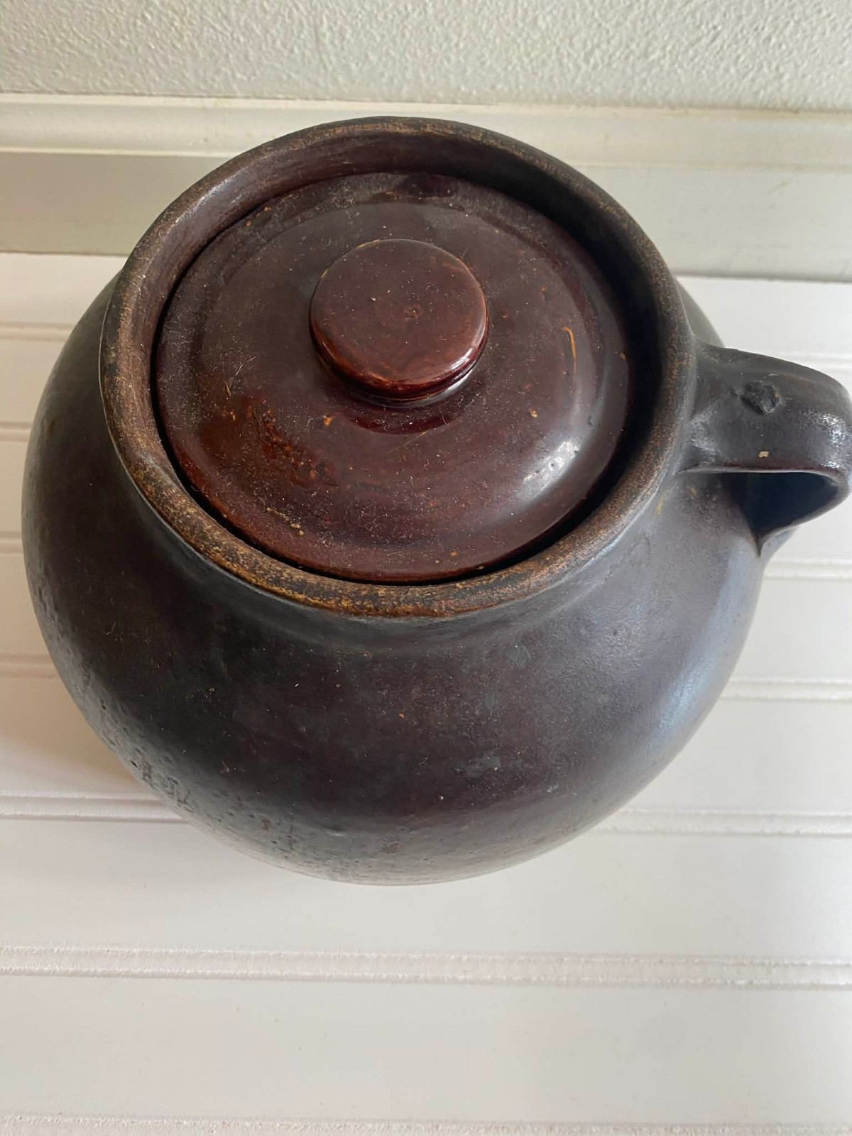 Antique 19th Century Stoneware Bean Pot Crock Brown W/Lid- Cottage Core