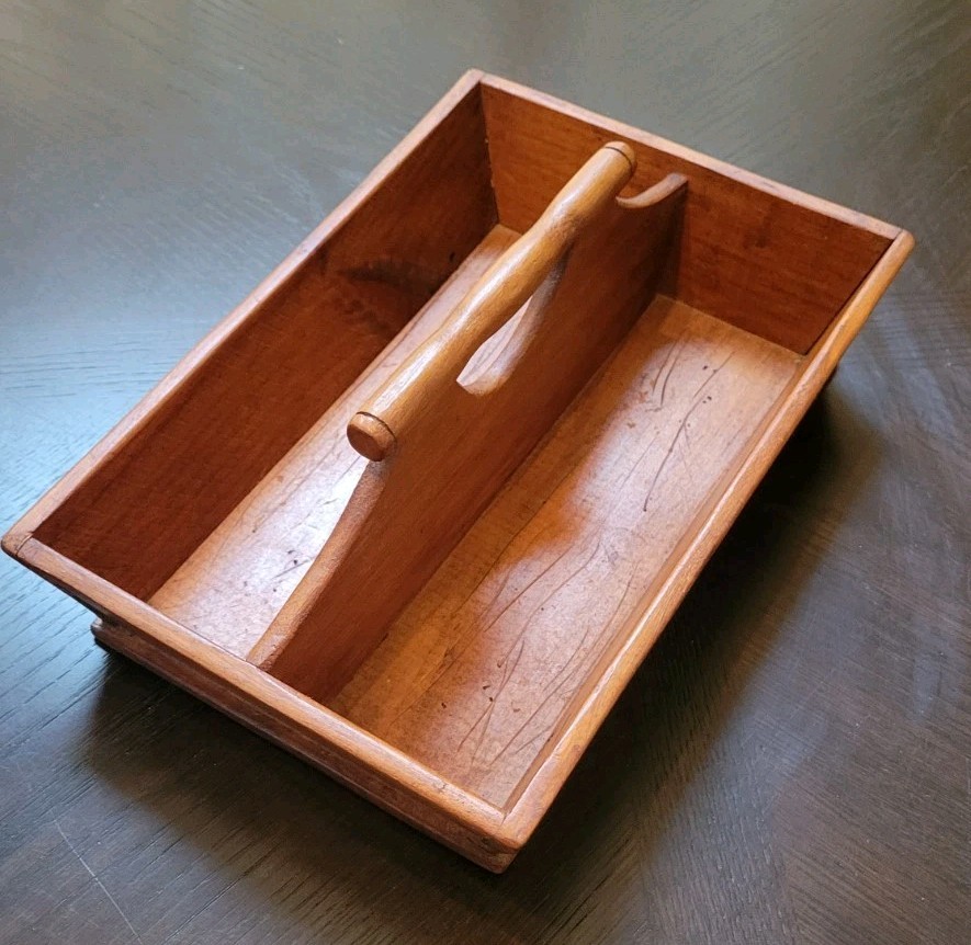 Antique Georgian Wood Utensil Cutlery Tray Tote Turned Wood Handle Canted Sides