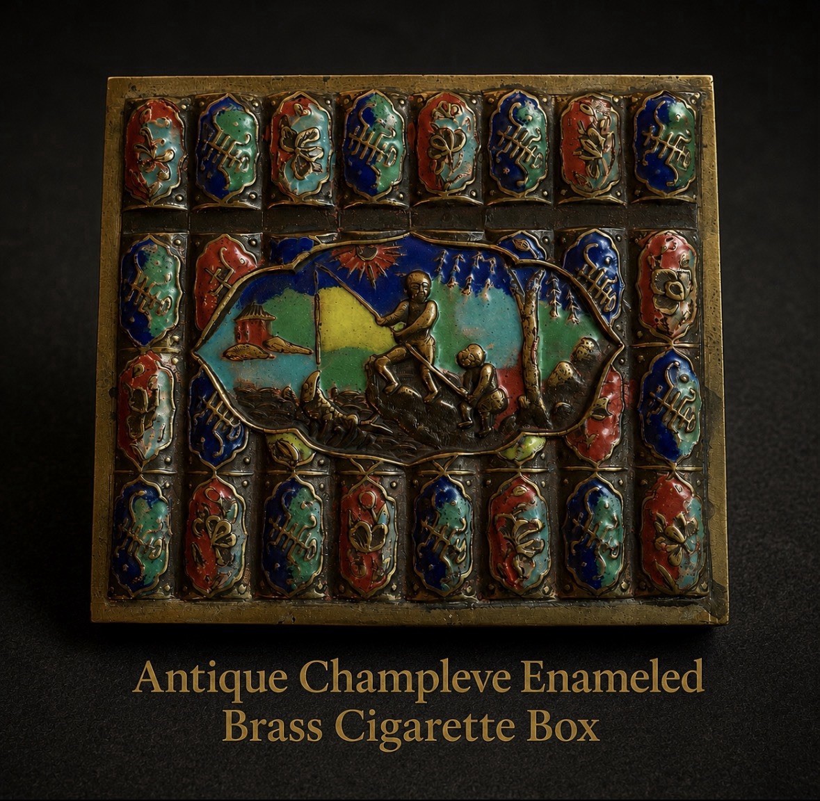 Antique Champleve Brass Cigarette Box Fisherman River Scene