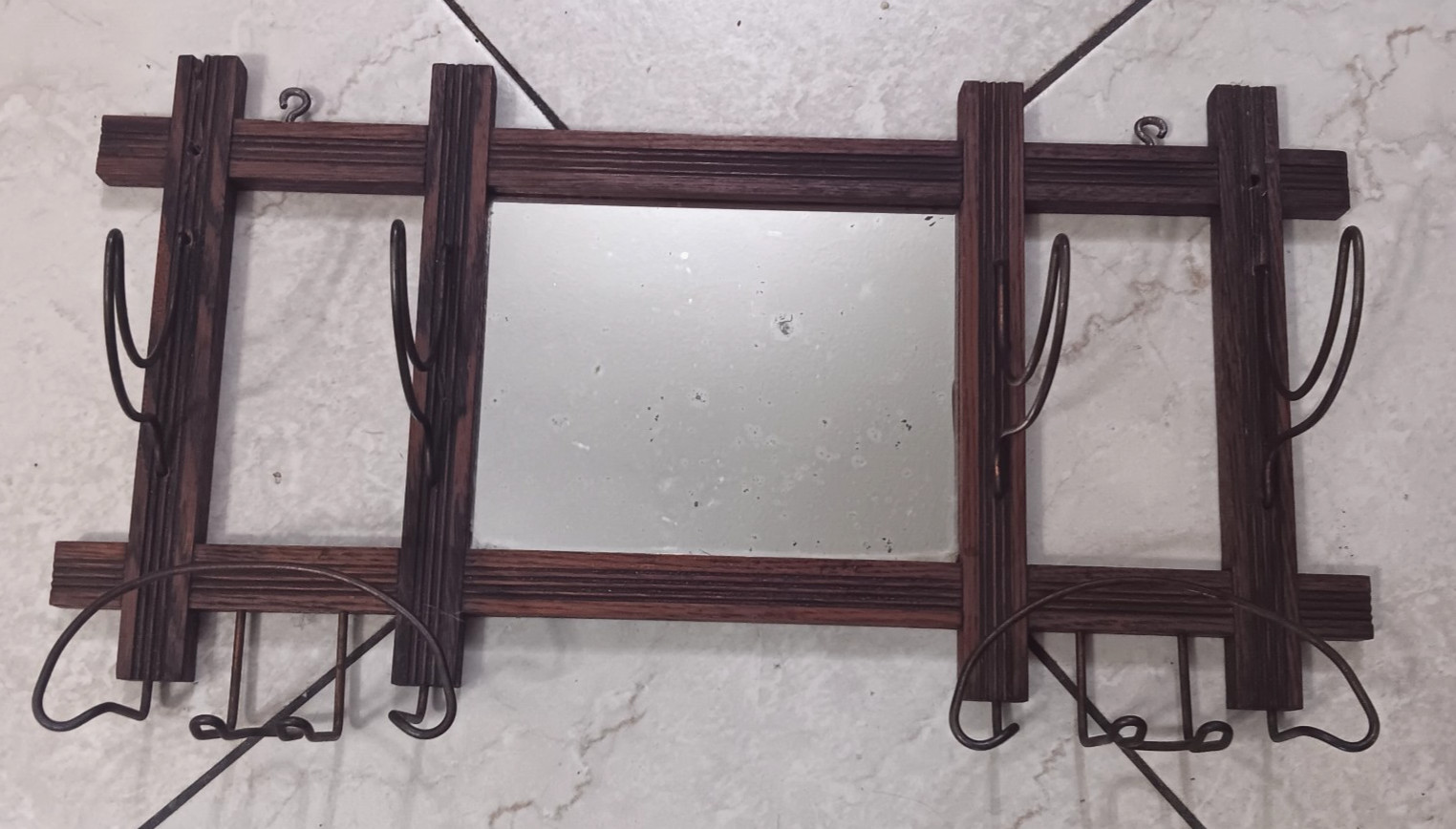 Antique Oak Wall Coat/Hat Rack With Mirror & Japanned Bent Wire Hooks