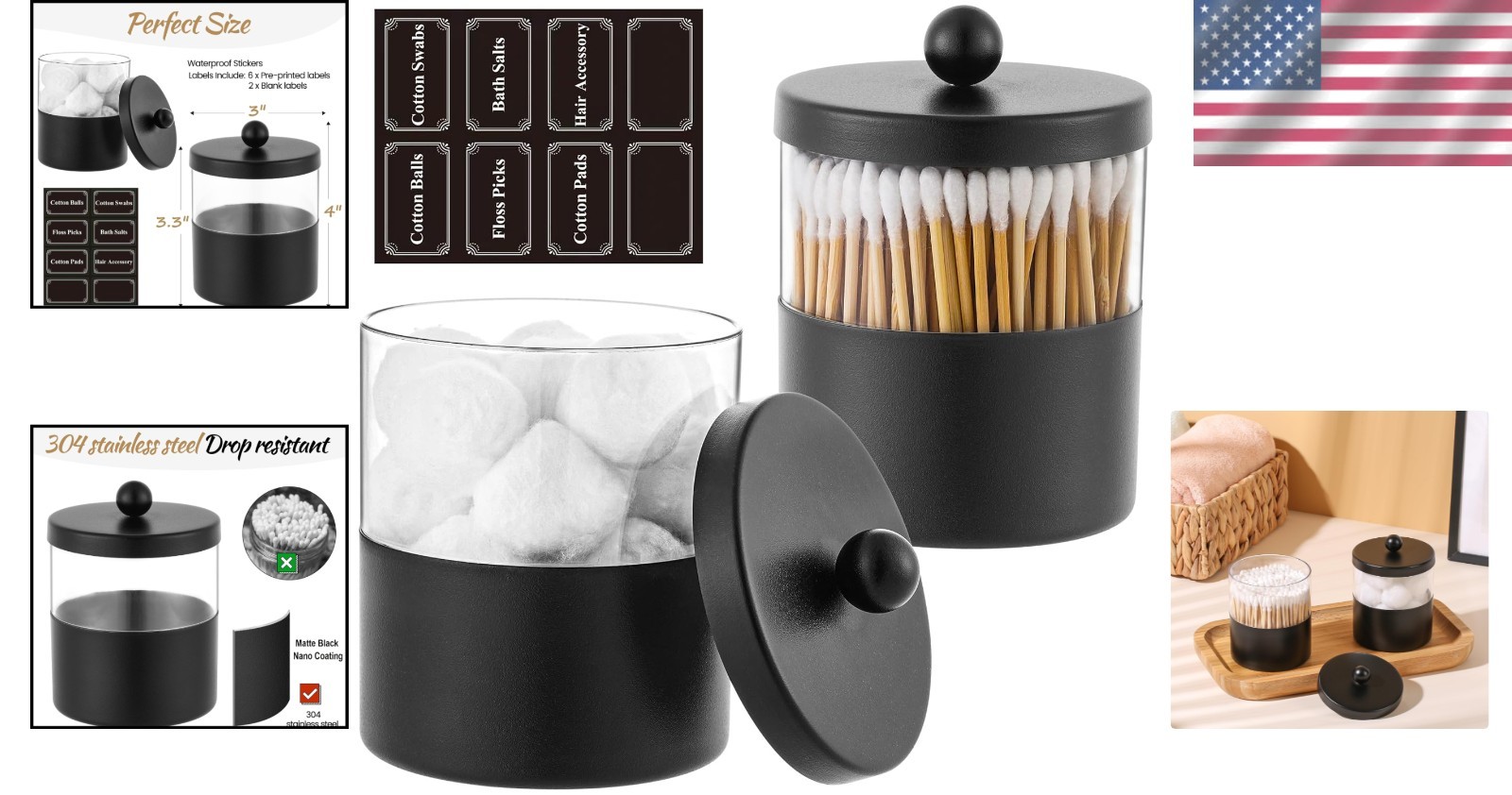Bathroom Jar Qtip Holder Cotton Ball Dispenser Kitchen Storage 2-Pack