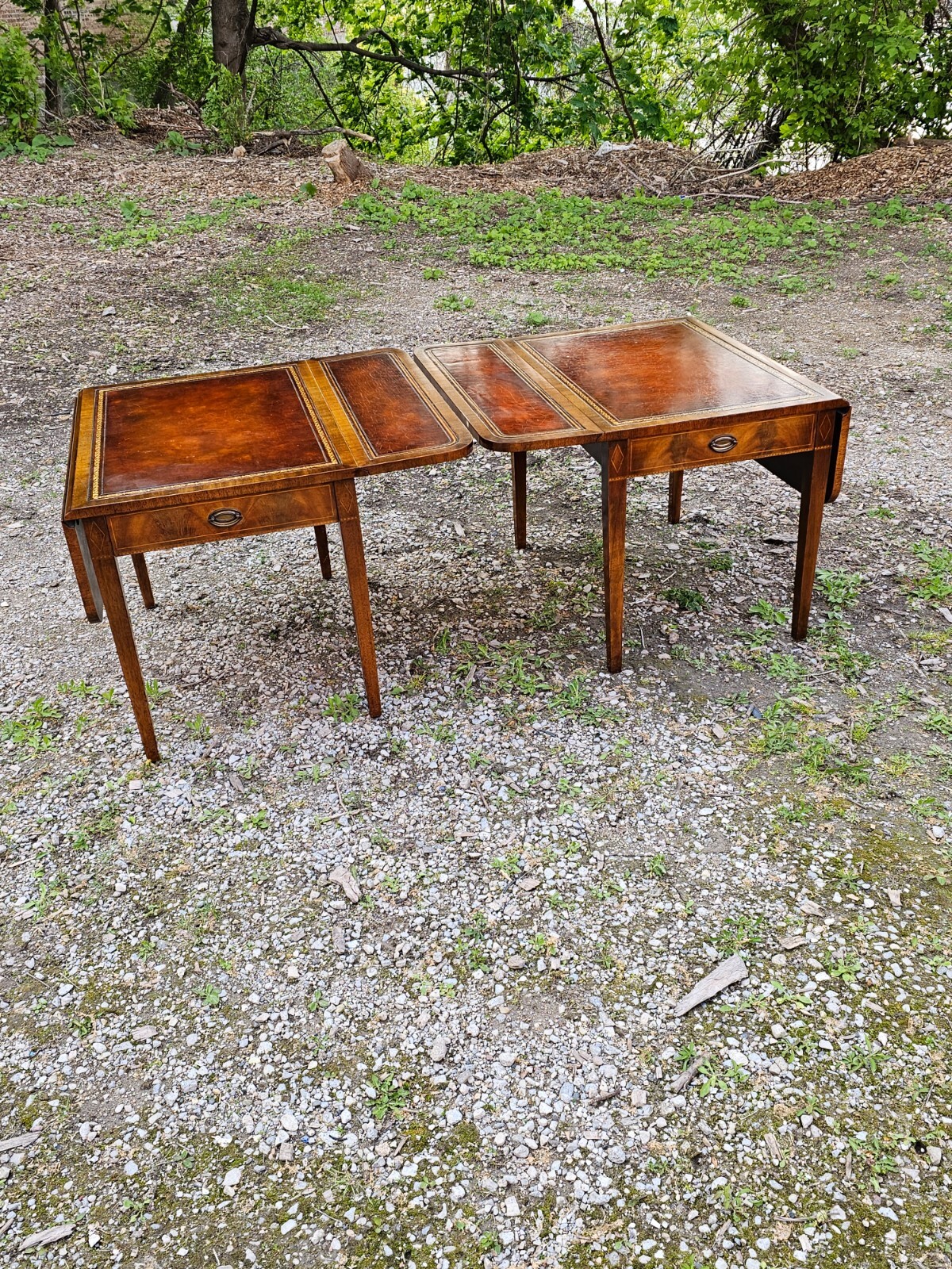 Antique Pembroke Double drop leaf leather top end table Pair by Weiman