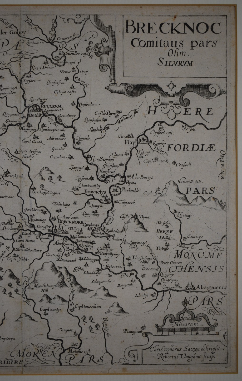 Breckonoc Comitaus – Saxton & Robert Vaughan 1637 copperplate engraved map.