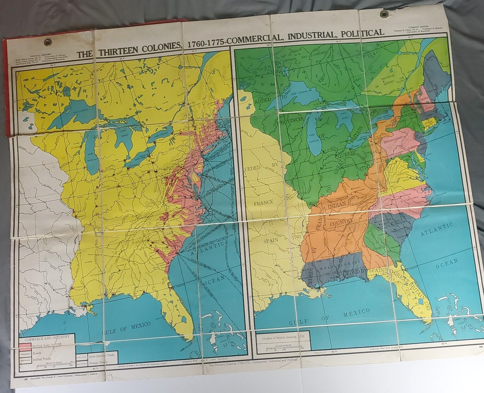 50in X 40in George Cram Co. Folding School Map #509 USA Thirteen Colonies
