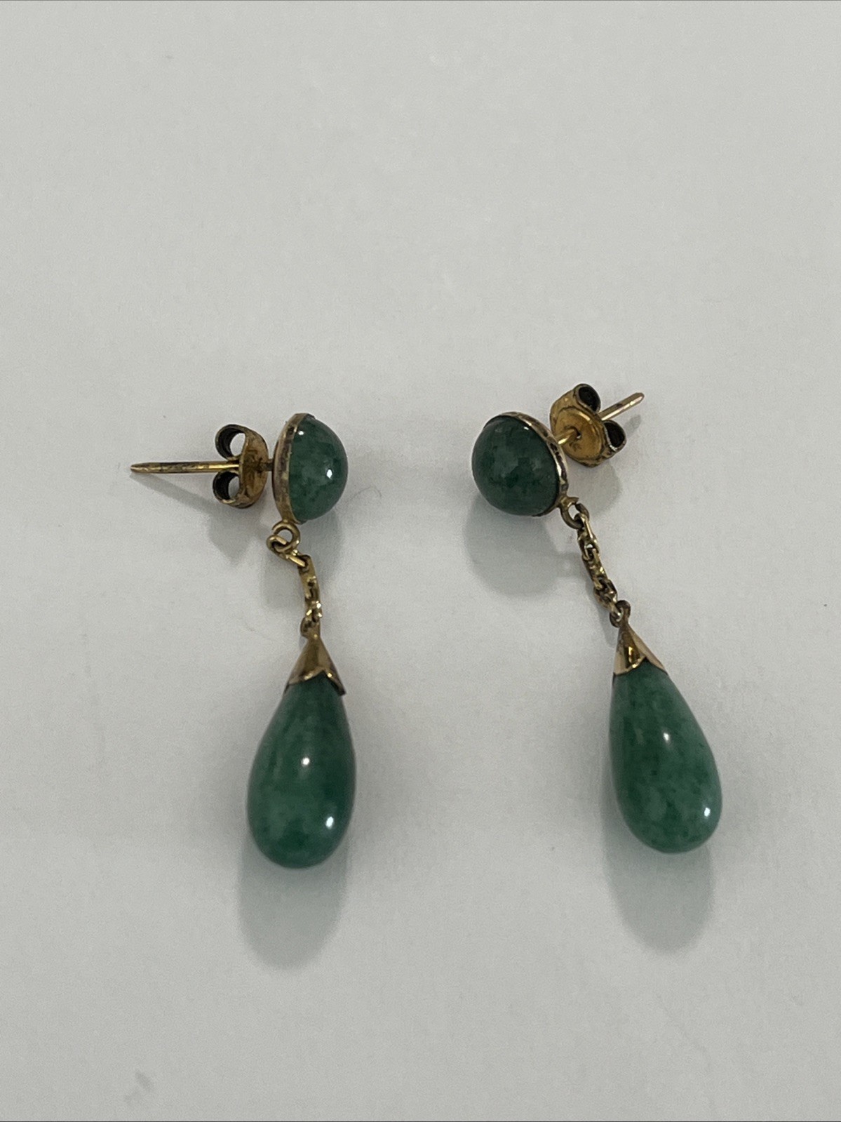 Rare Antique Victorian 14k Gold Jade Tear Drop post Earrings