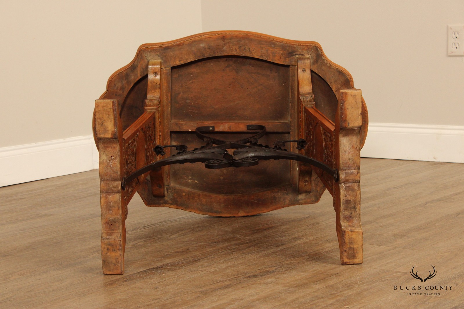 Antique Spanish Revival Carved Oak And Forged Iron Trestle Side Table