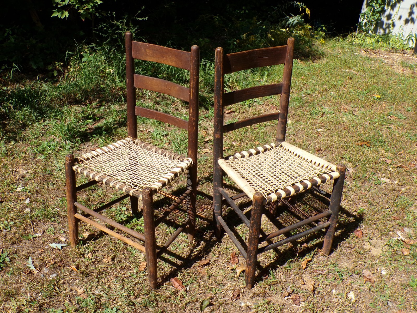 Pair Antique Rustic Primitive Farmhouse New England Ladderback Chairs Rope Seats
