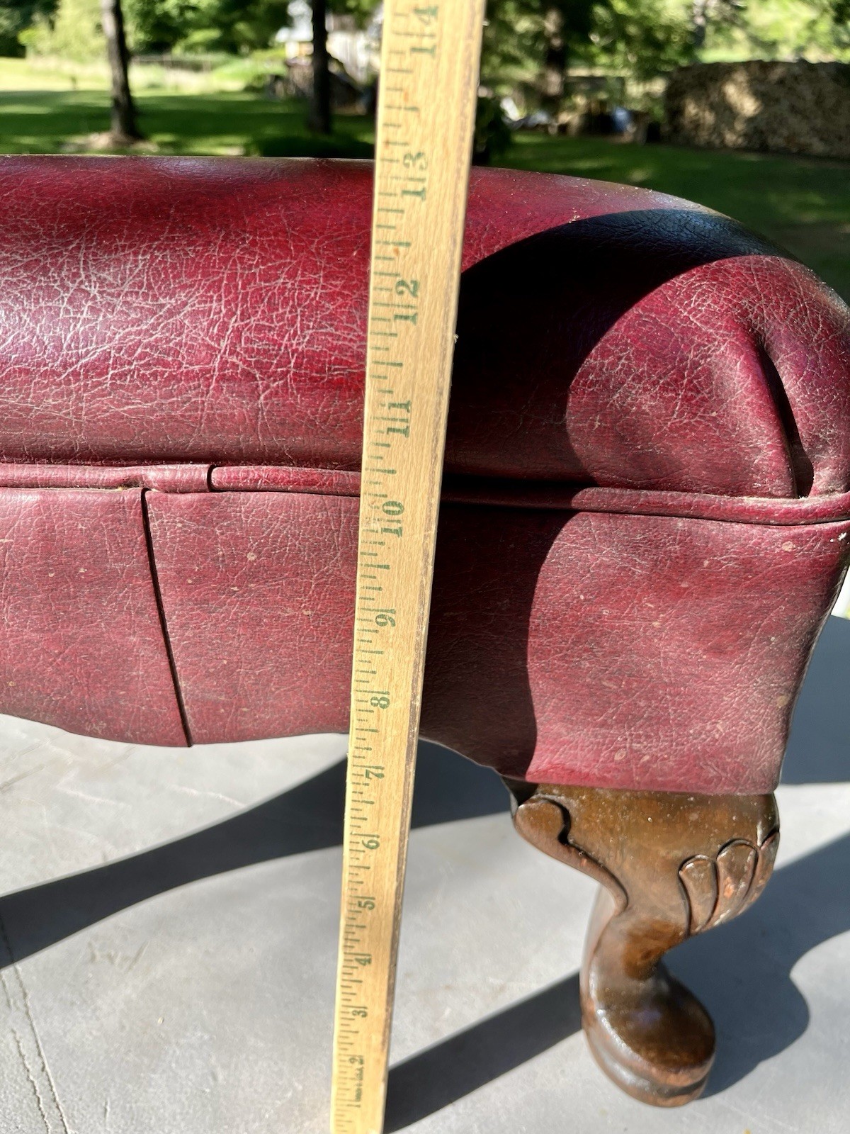 Post War Red Vinyl Rectangular Foot Stool Ottomon Chunky Queen Anne Style Legs