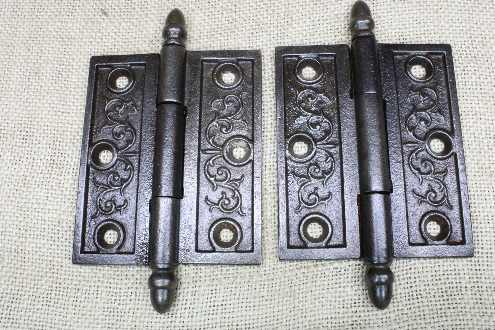 2 Old Door Hinges 3 1/2 X 3″ Acorn Tip Pins Vintage 1880’s Victorian Iron Vines