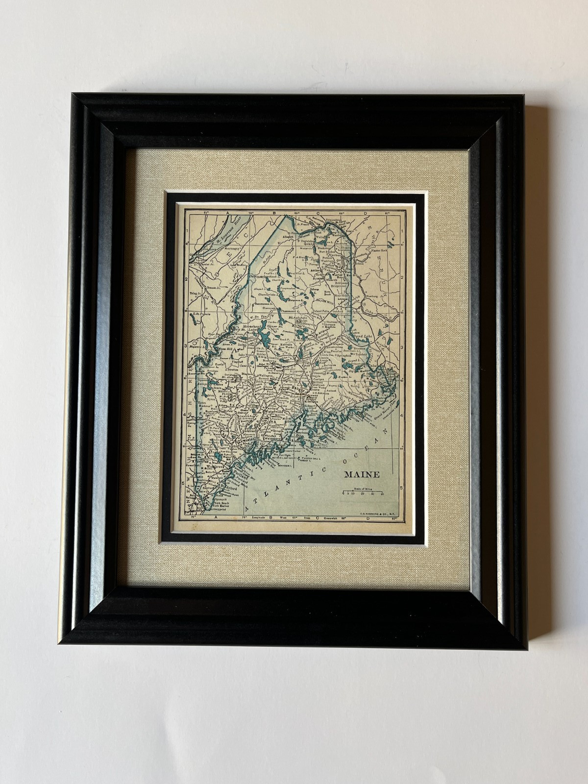 1934 “BLUE” MAINE State Map by C.S. Hammond, Frame/Dbl Mat SEE DESCRIPTION