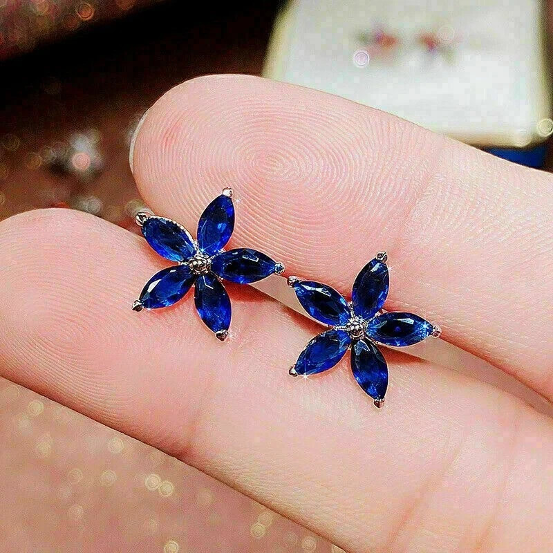 2Ct Marquise Cut Lab Created Sapphire Flower Stud Earrings 14K White Gold Plated