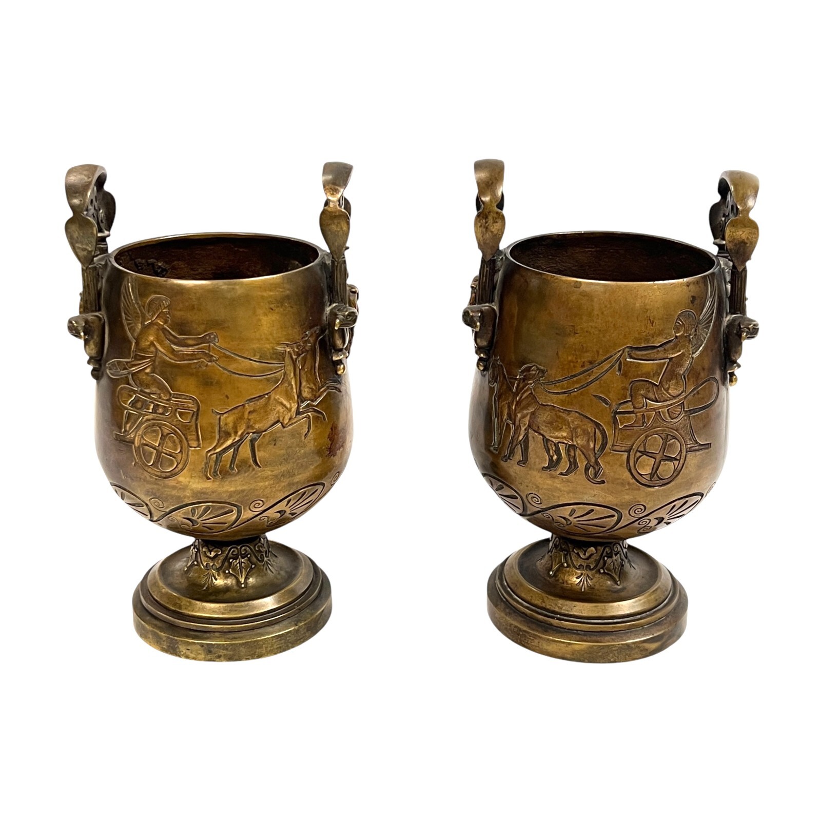 Pair Grand Tour Greek Revival Neoclassical Bronze Vases Depicting Chariots