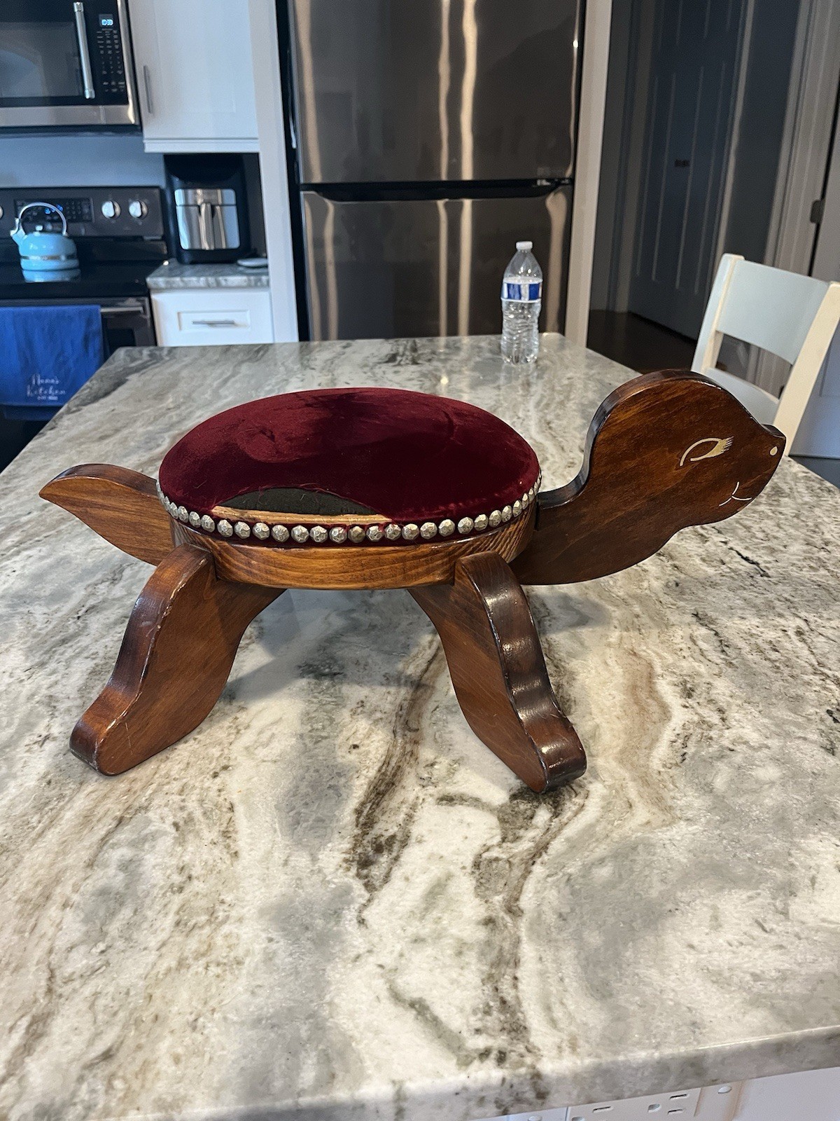 1950s Mid Century Boho Turtle Footstool Pine Wood Red Velvet Cushion Vintage