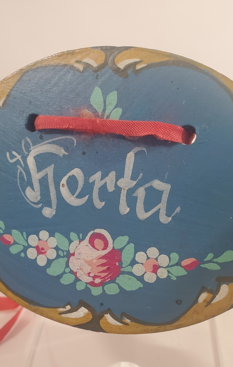 Vintage German Hand Painted Floral “Gerta” Wood Plaque Red Ribbon Folk Art