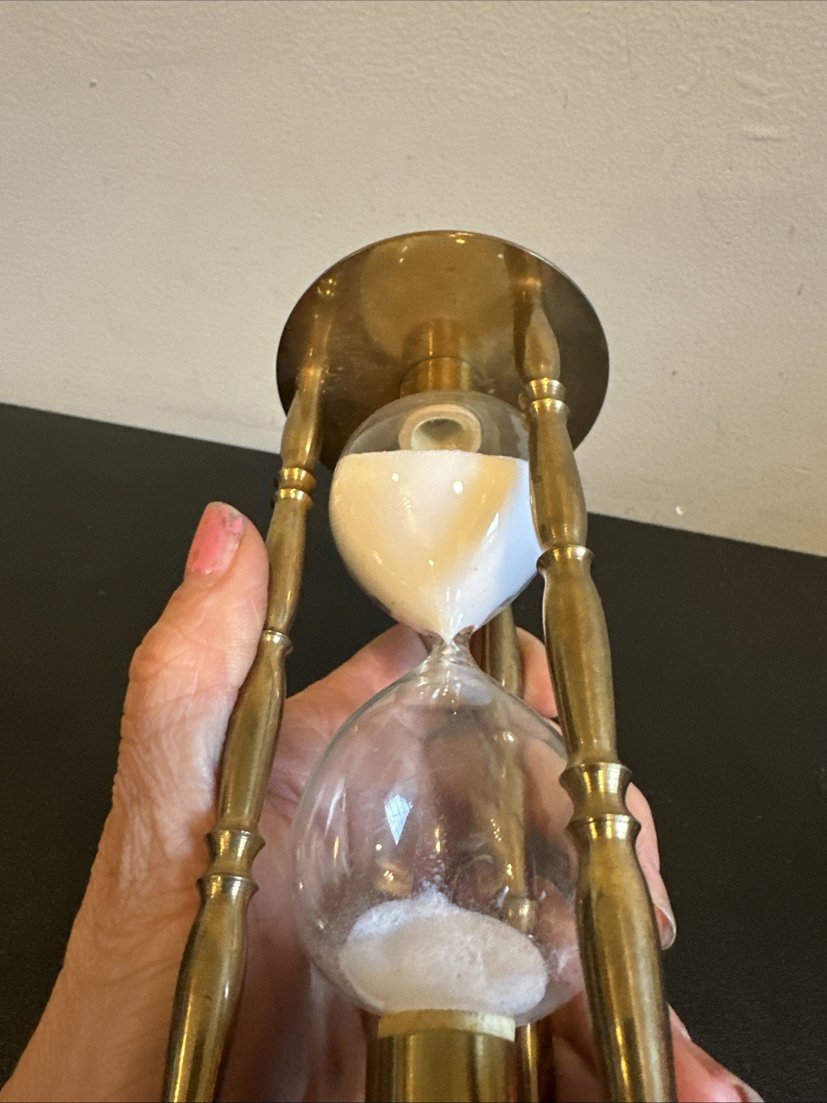 Vintage Gold Tone Brass Hourglass Timer Penco? Decorative Brass Glass White sand