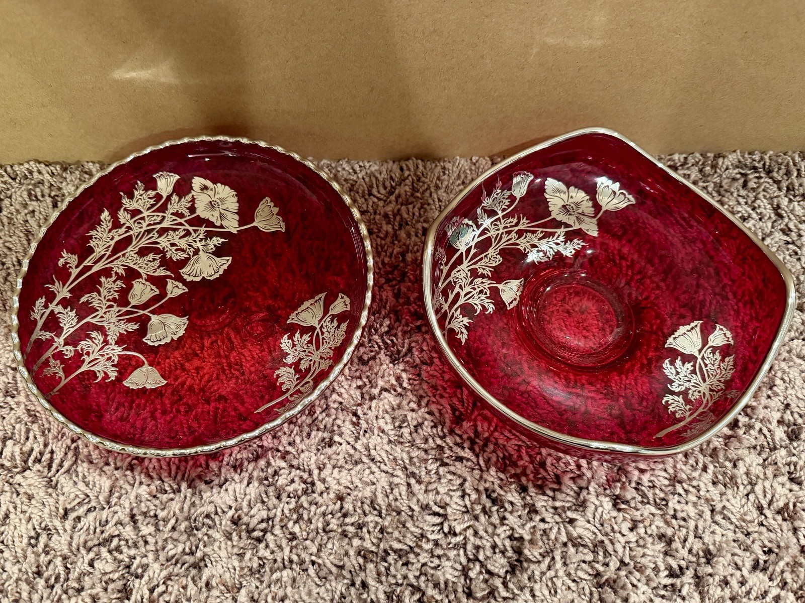 2 Vintage Silver City Sterling on Ruby Red Glass Candy Bowls Dish Flanders Poppy