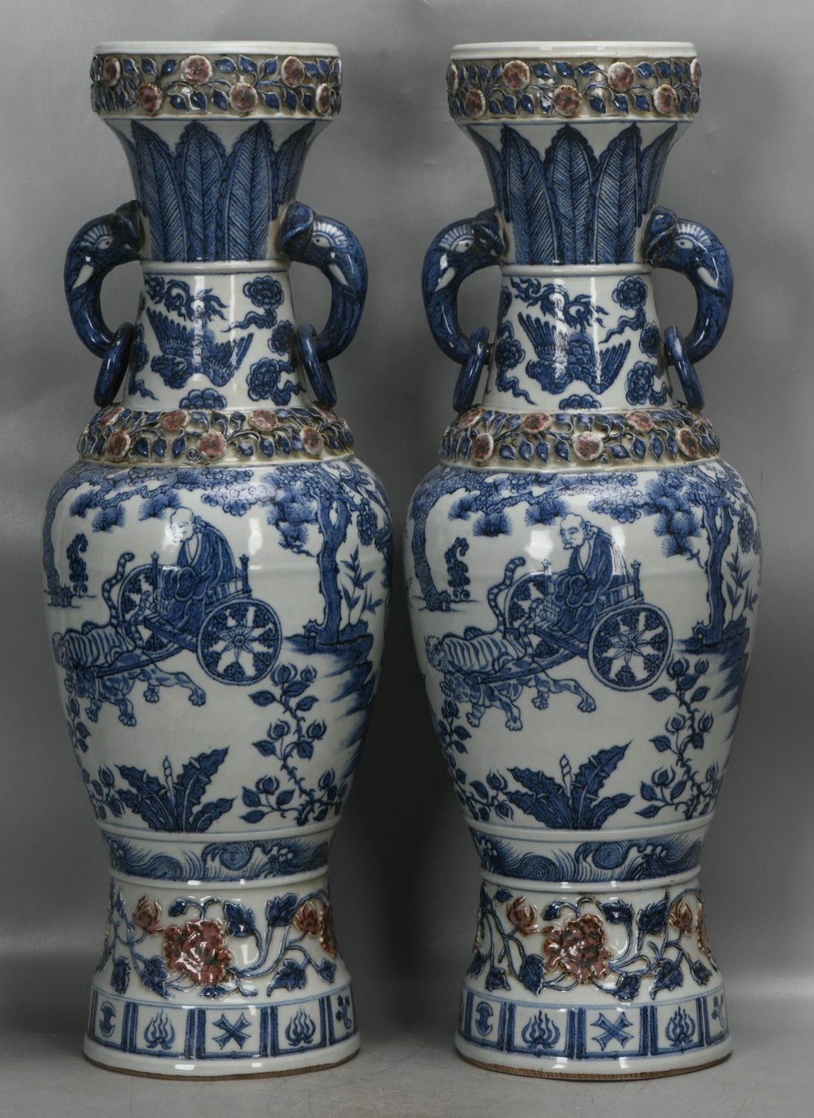 26″ Chinese Blue White Porcelain Character Story Sword Horse ﻿Vase Bottle Pair