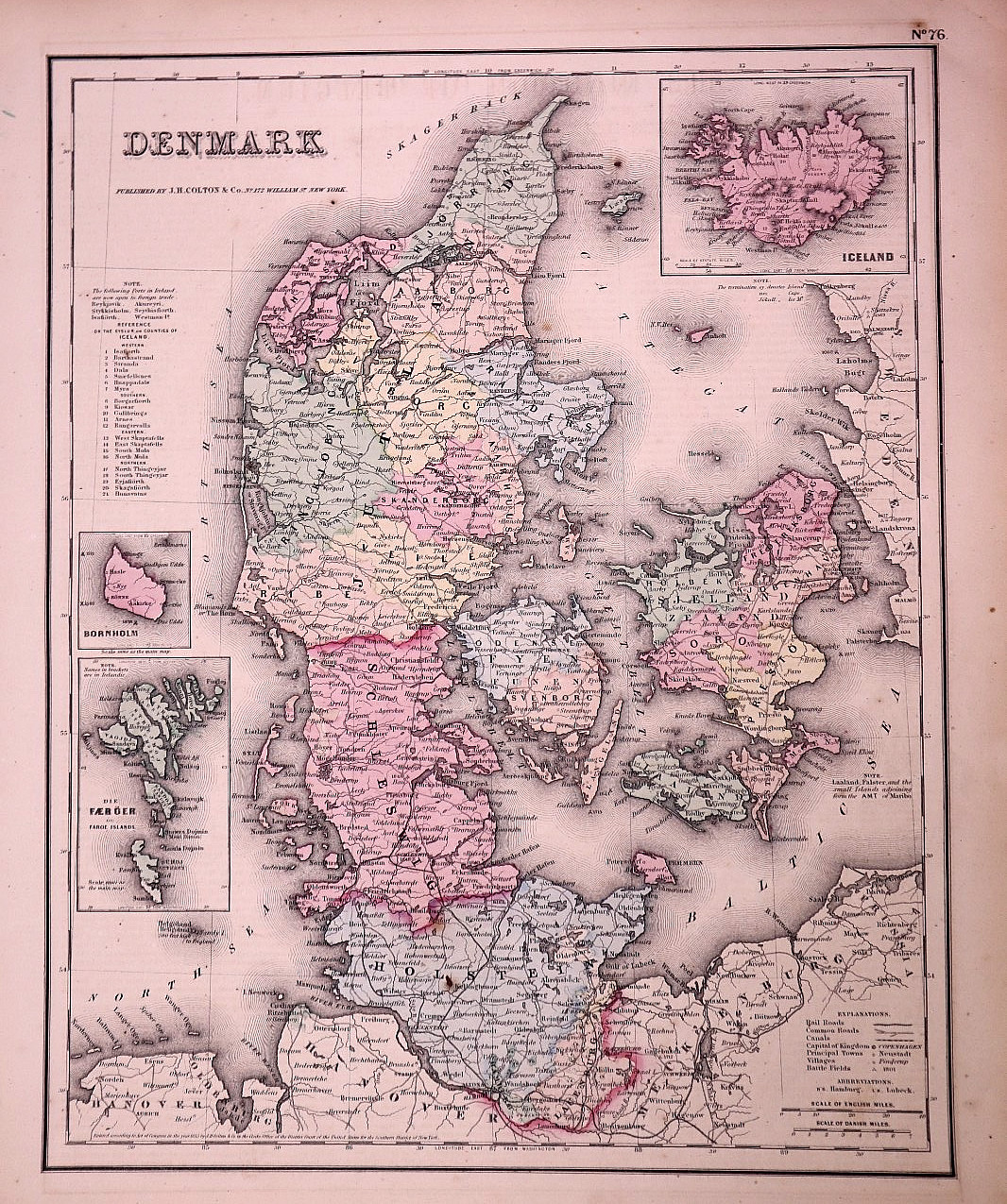 Rare Antique 1857 Hand Colored Map Denmark, Faroe Islands by J.H. Colton 14×16.5