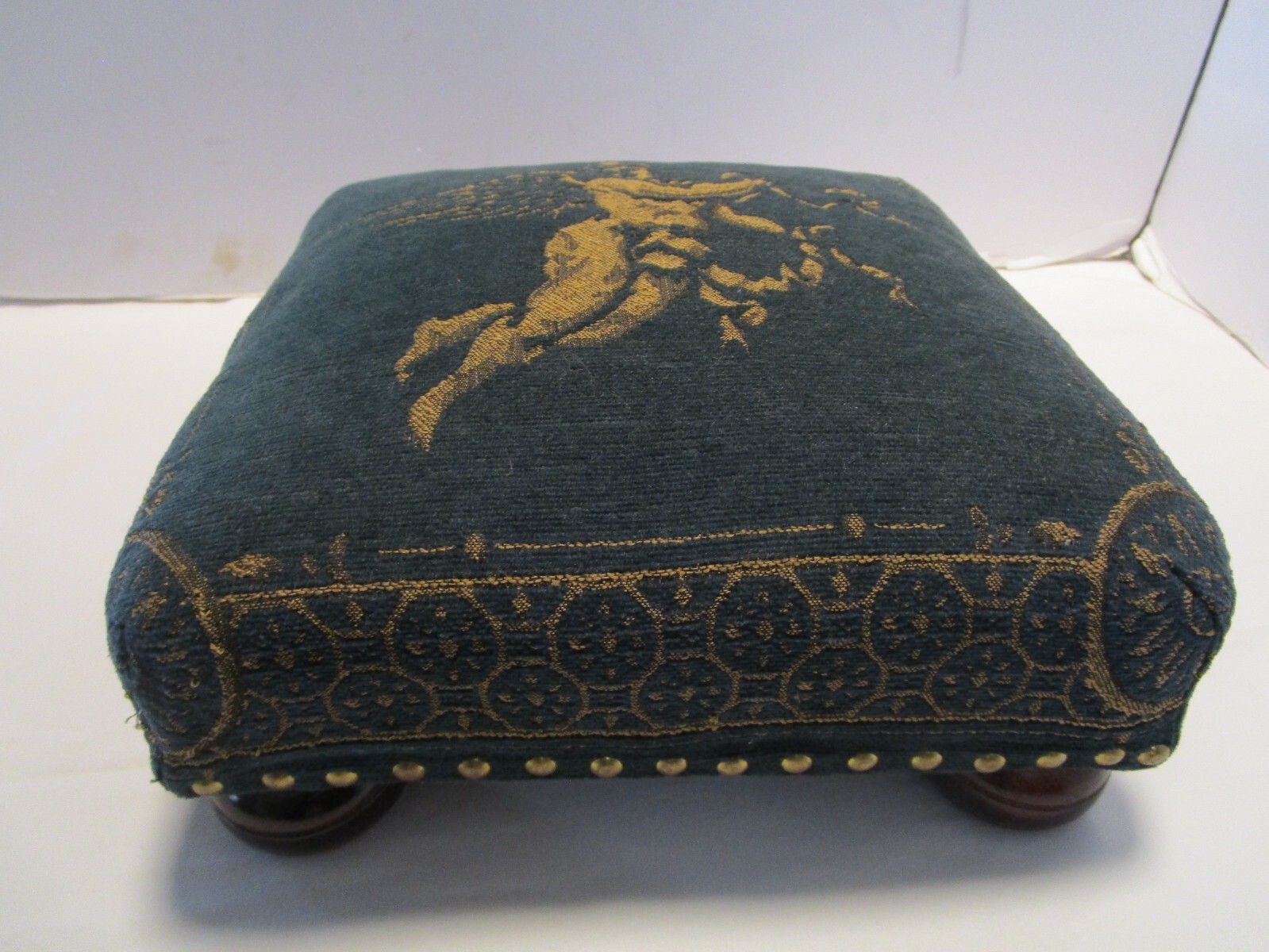 Victorian Style Cherub Tapestry Footstool on Ball Feet 1980’s 12″ x 12″