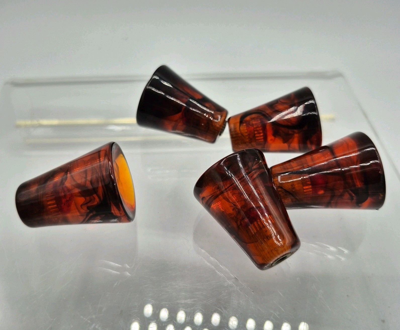 5 VTG Amber Tortoise Shell Swirl Effect Lucite Taper Cone Shape Drawer Knobs 1″