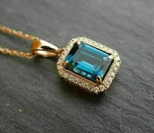 2Ct Emerald Cut Simulated London Blue Topaz Halo Pendant 14k Yellow Gold Plated