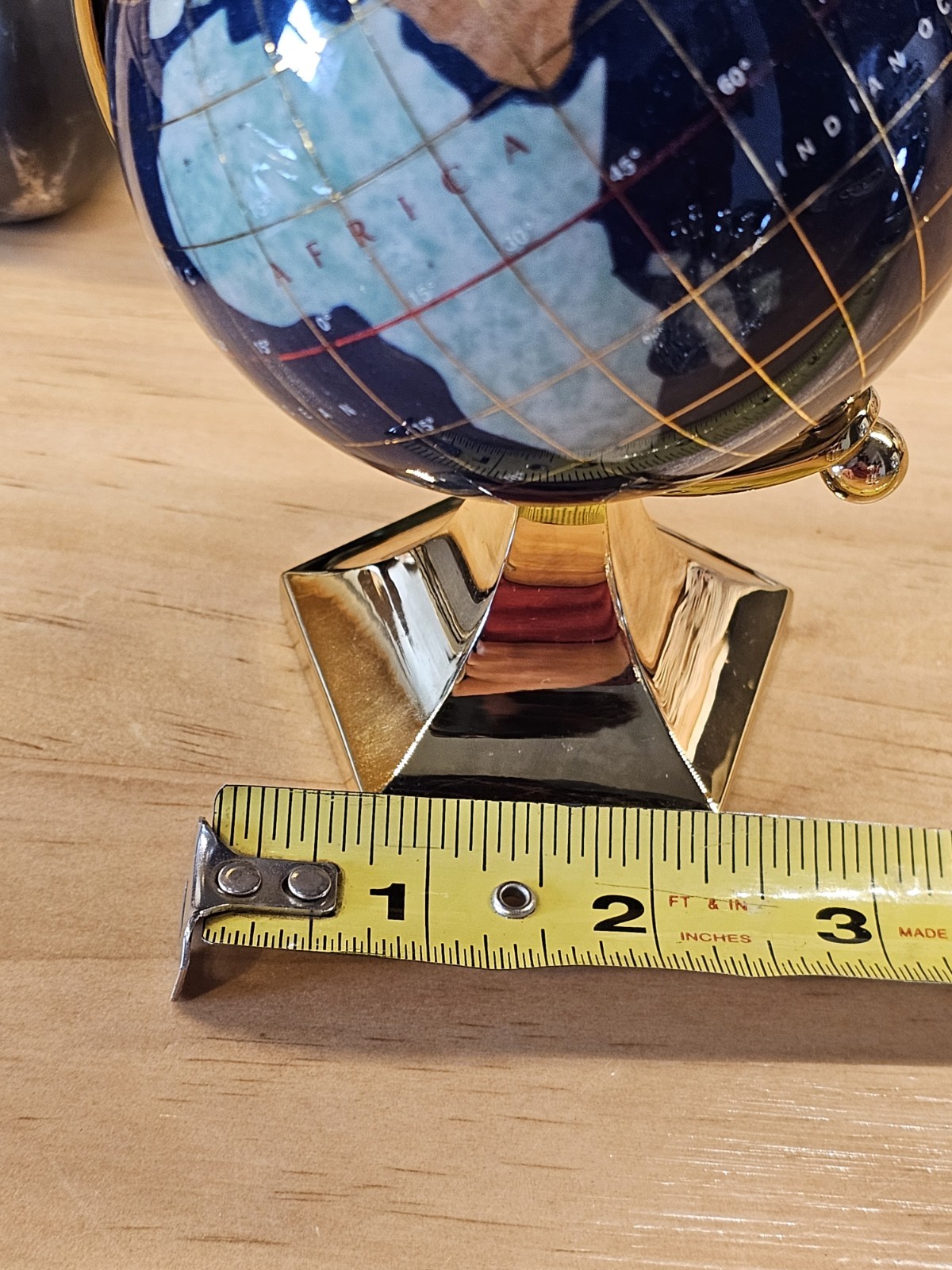 Rotating Globe On Brass Base Featuring Semi-Precious Stone Inlays 5.5″ Tall