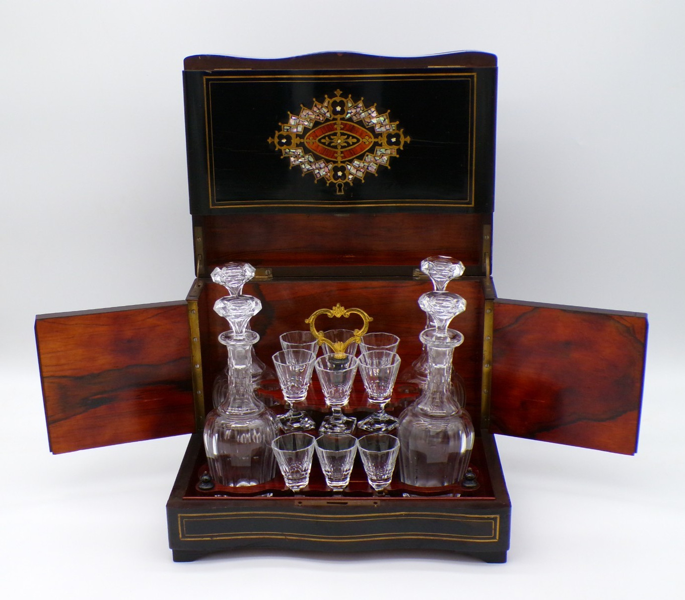 Antique French Napoleon III Wooden Tantalus Cabinet Cut Baccarat Liquor Barware