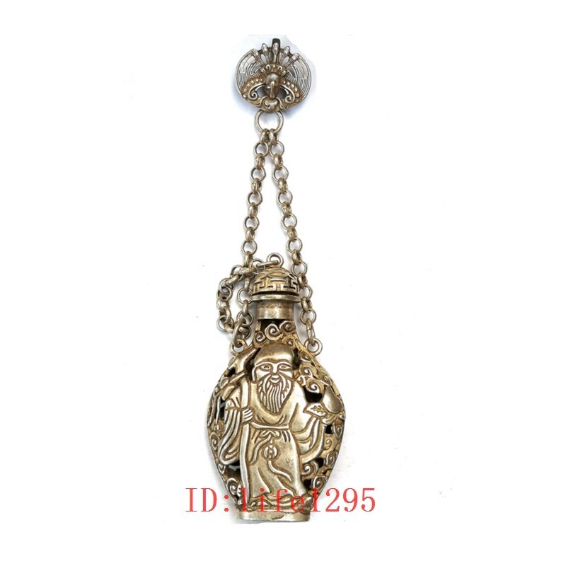 H 16 cm Old China Tibet Silver Hand-made God of longevity Wealth Sachet Pendant