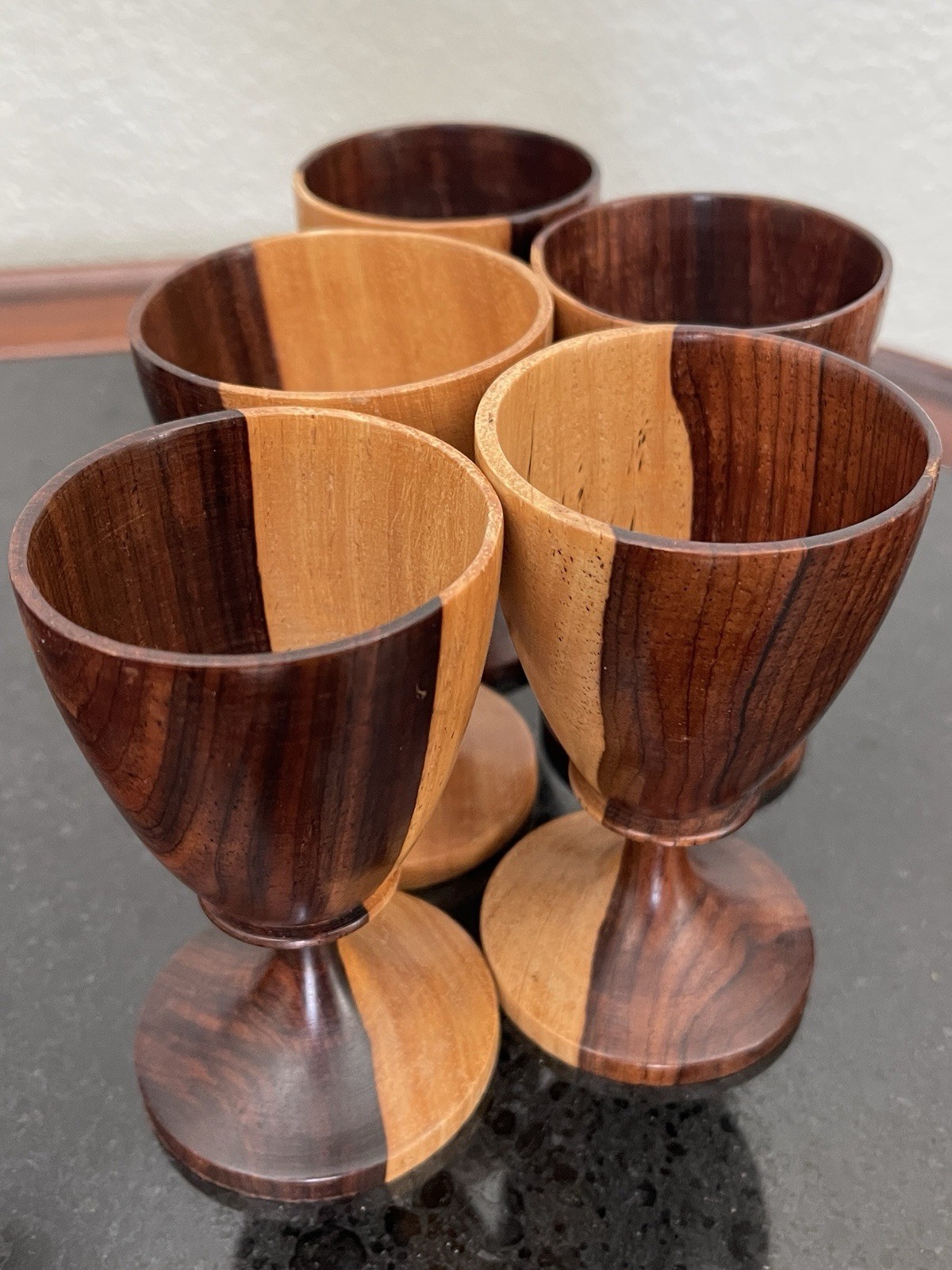 5 Antique Hand Turned Goblets Indian Rosewood (Dalbergia Sissoo) Treenware