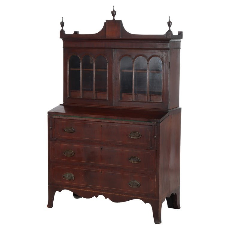 Diminuative Antique Federal Hepplewhite Mahogany & Inlay Secretary c1830
