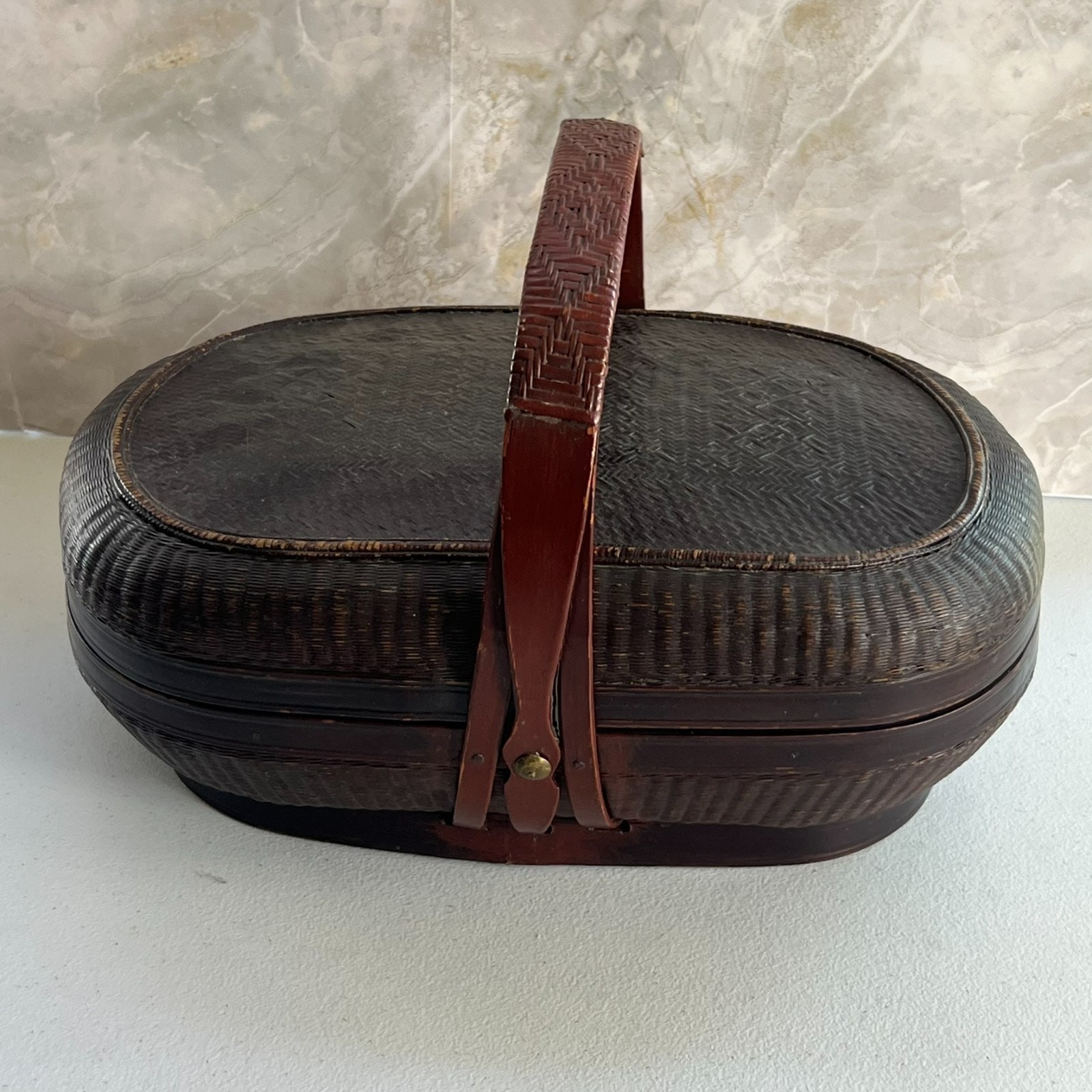 Oriental Chinese Food Bridal Lidded Wicker Bamboo Basket With Handle