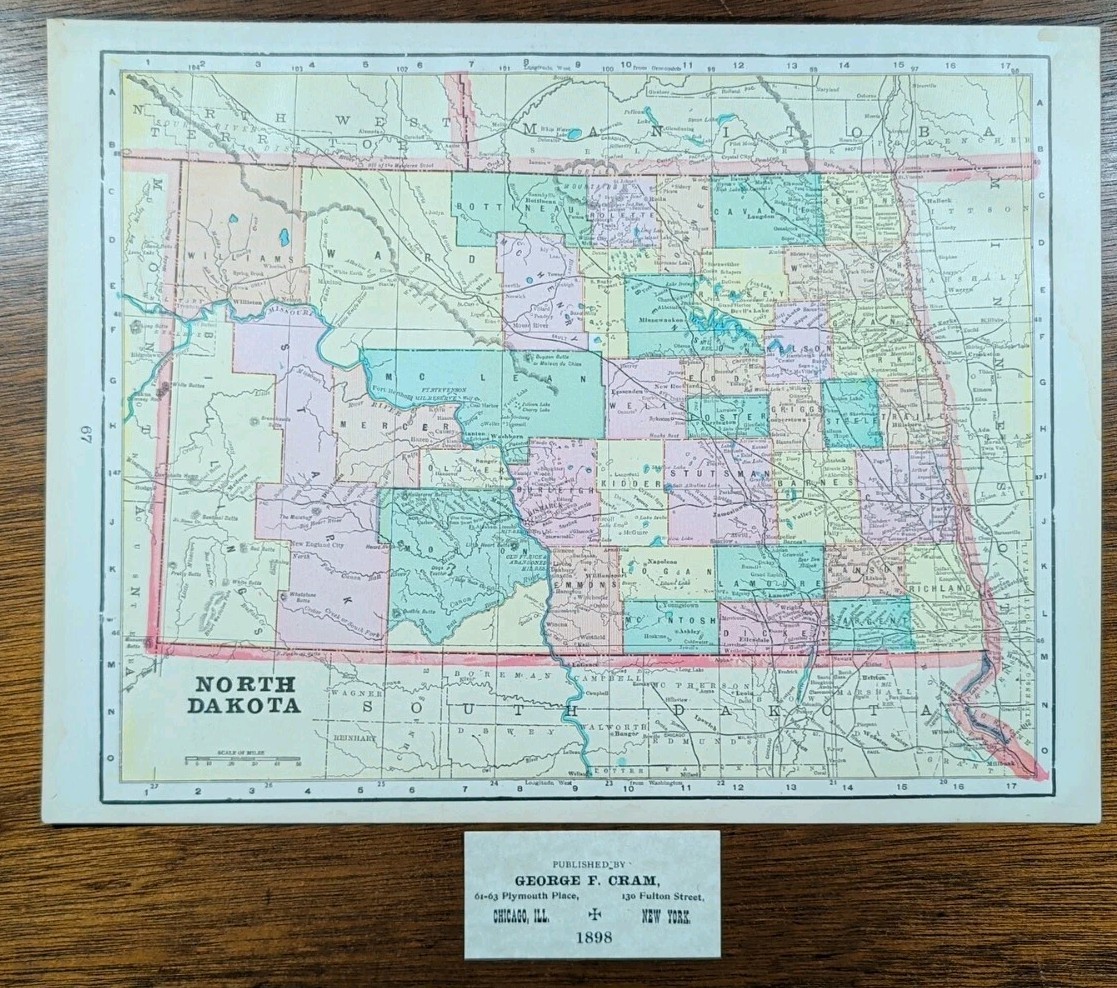Vintage 1898 NORTH DAKOTA Map 14″x11″ ~ Old Antique Original GRAFTON LANGDON ND