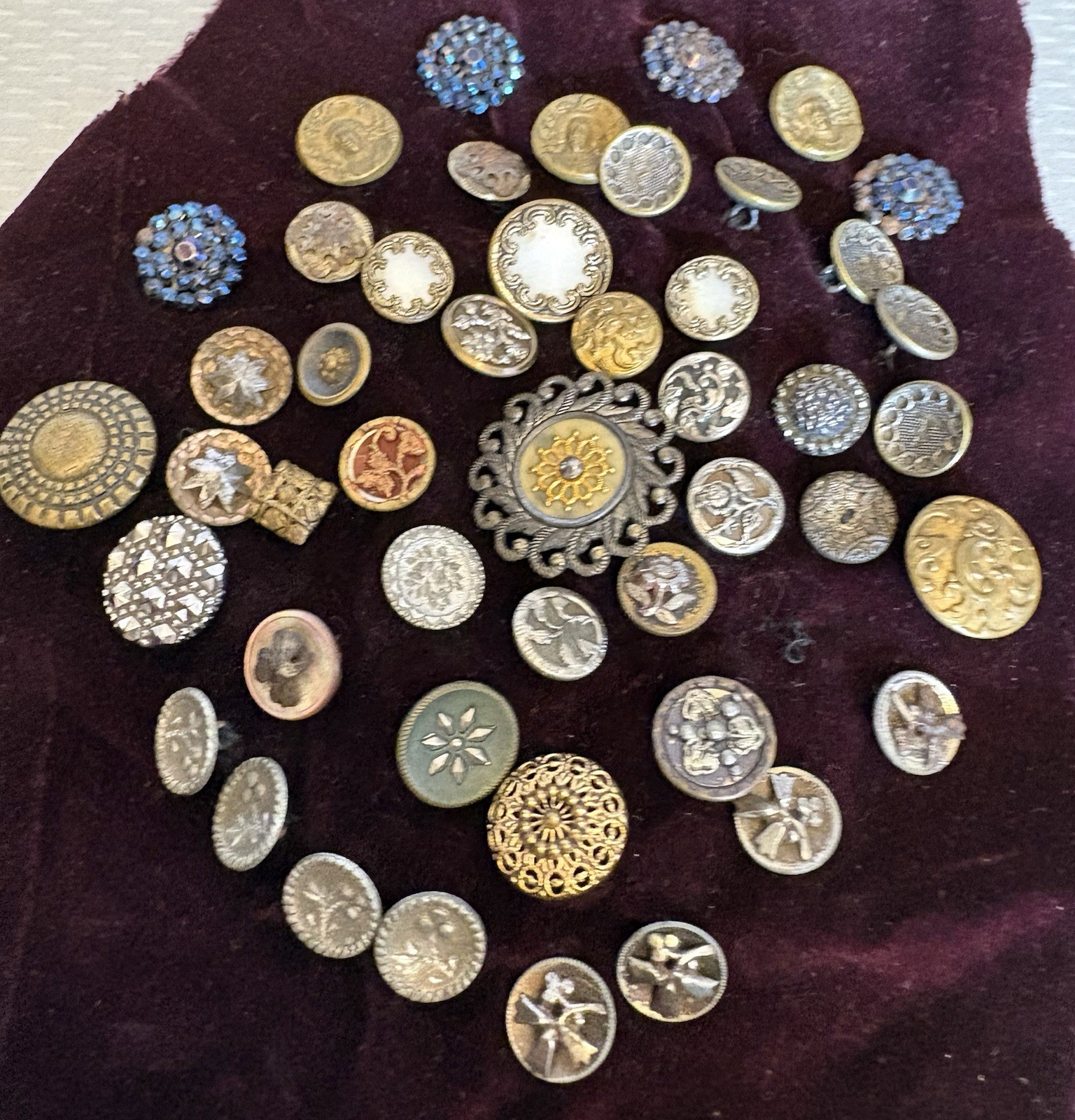 Antique Button Display Collection Mixed Metal Cut Steel 48P sewn on velvet scrap