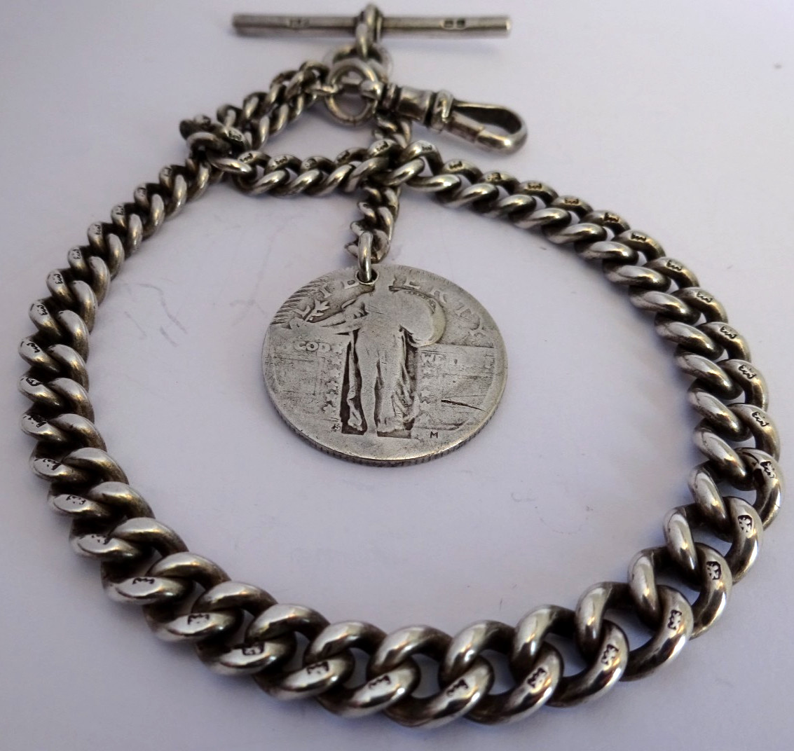 Antique solid silver pocket watch albert chain & US standing Liberty silver coin