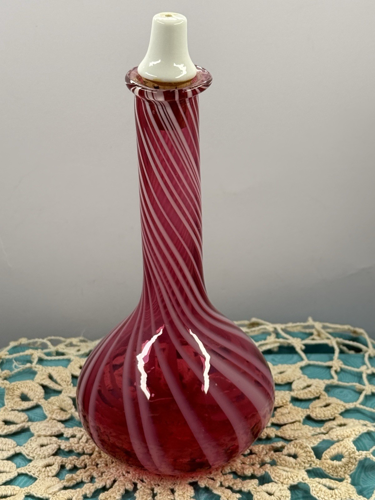 Antique Cranberry & White Twisted Stripe Glass Barber Bottle with Ironstone Top