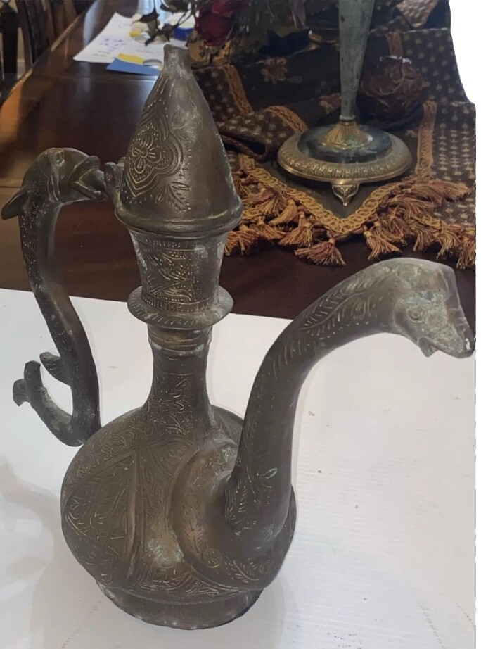Antique Islamic Bronze Pitcher Almost 10 Pounds 14” Tall Fish Handle Well Made