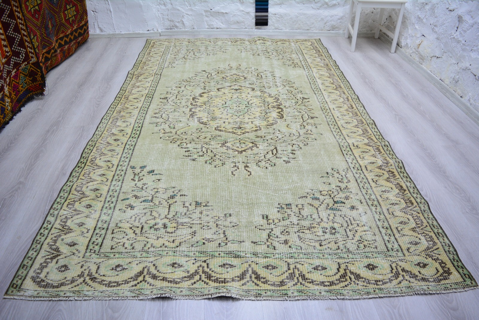 Turquoise Green Vintage Rug, 5.4×9.2ft, Turkish Antique Handmade Medallion Rug,