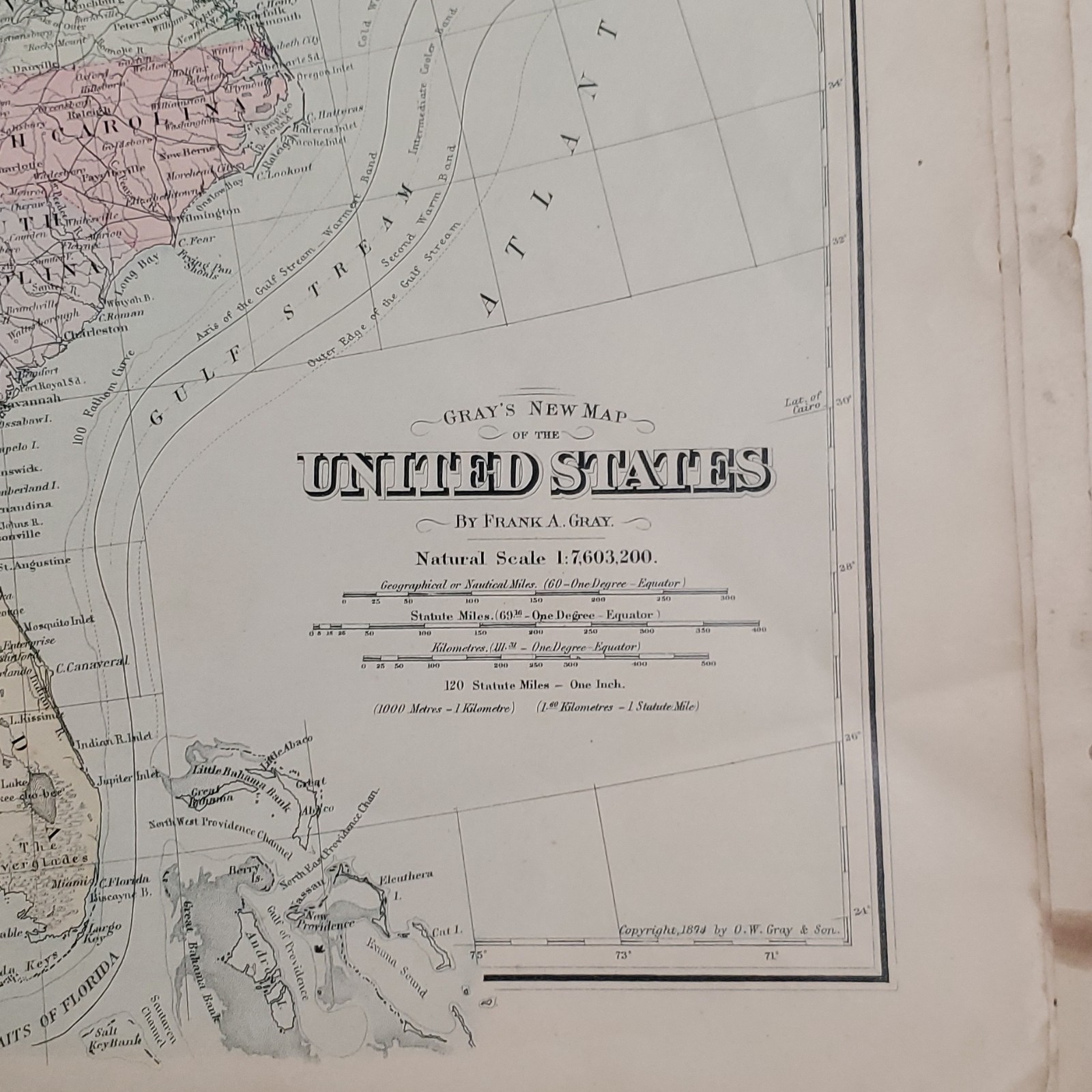 Frank A. Gray 1895 Antique Original United States Country Wall Map Florida Texas