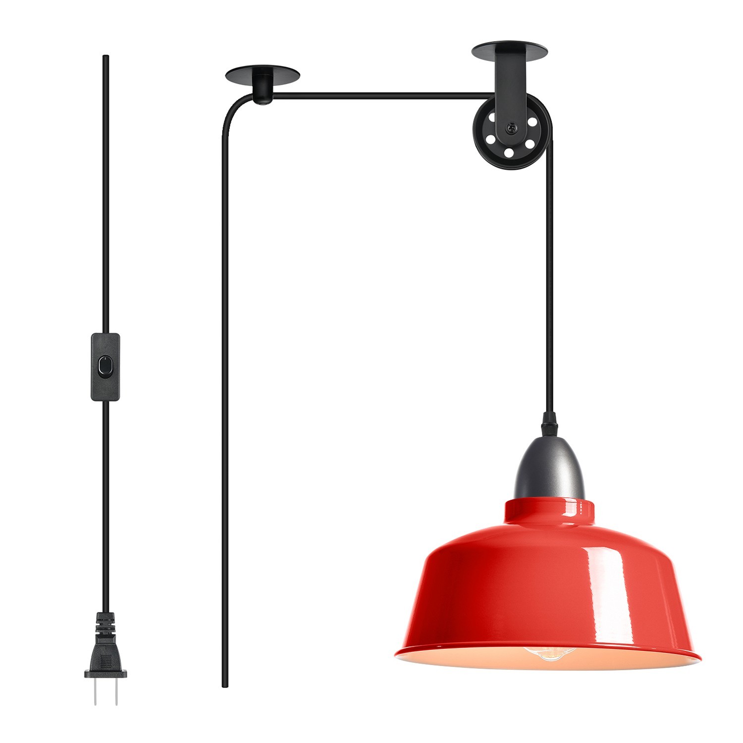 Red Farmhouse Plug in Pendant Light Pulley Pendant Lamp