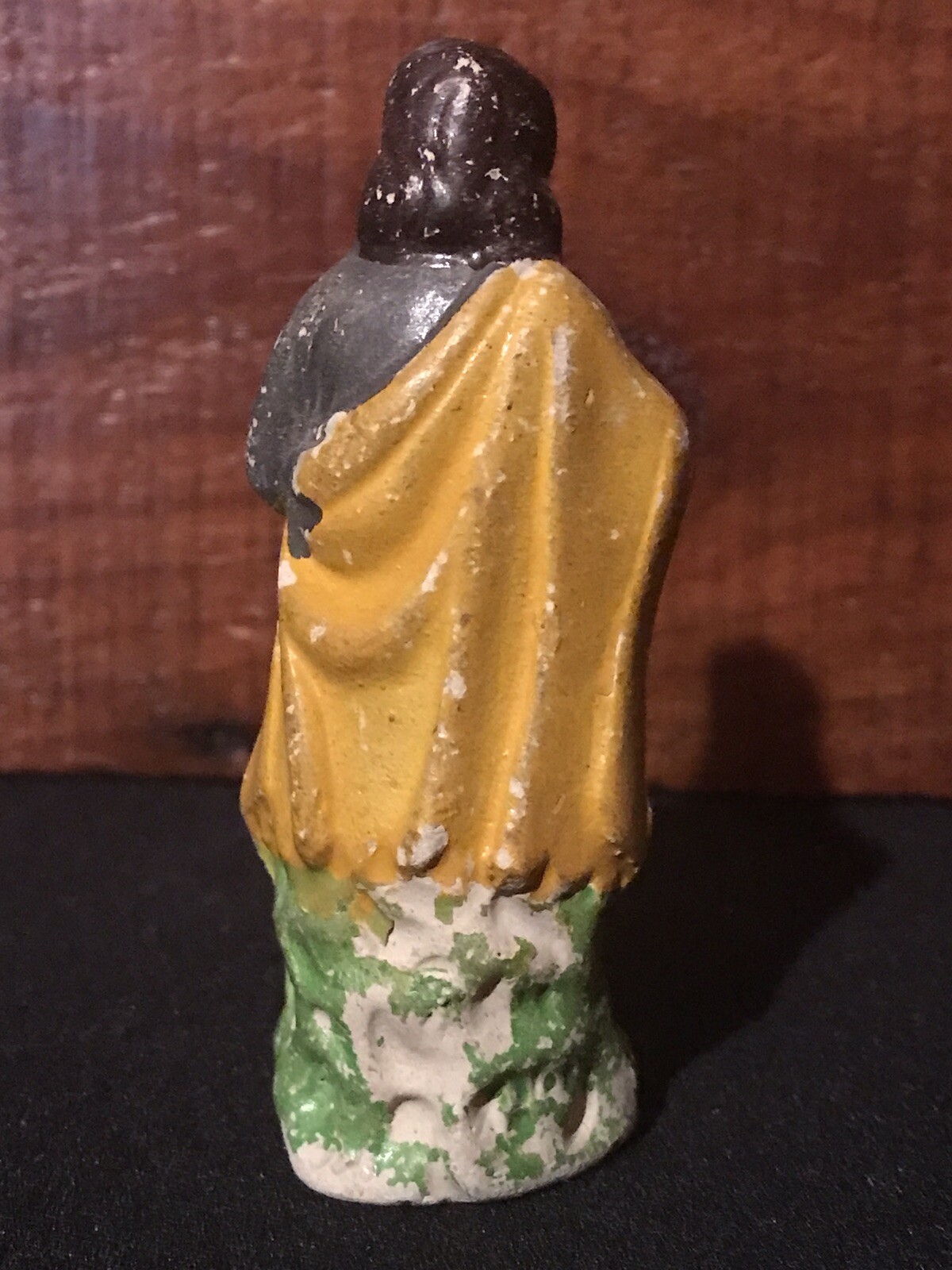 Antique Christmas Chalkware Shepherd & Sheep, Bottlebrush Trees & Toy Block AAFA