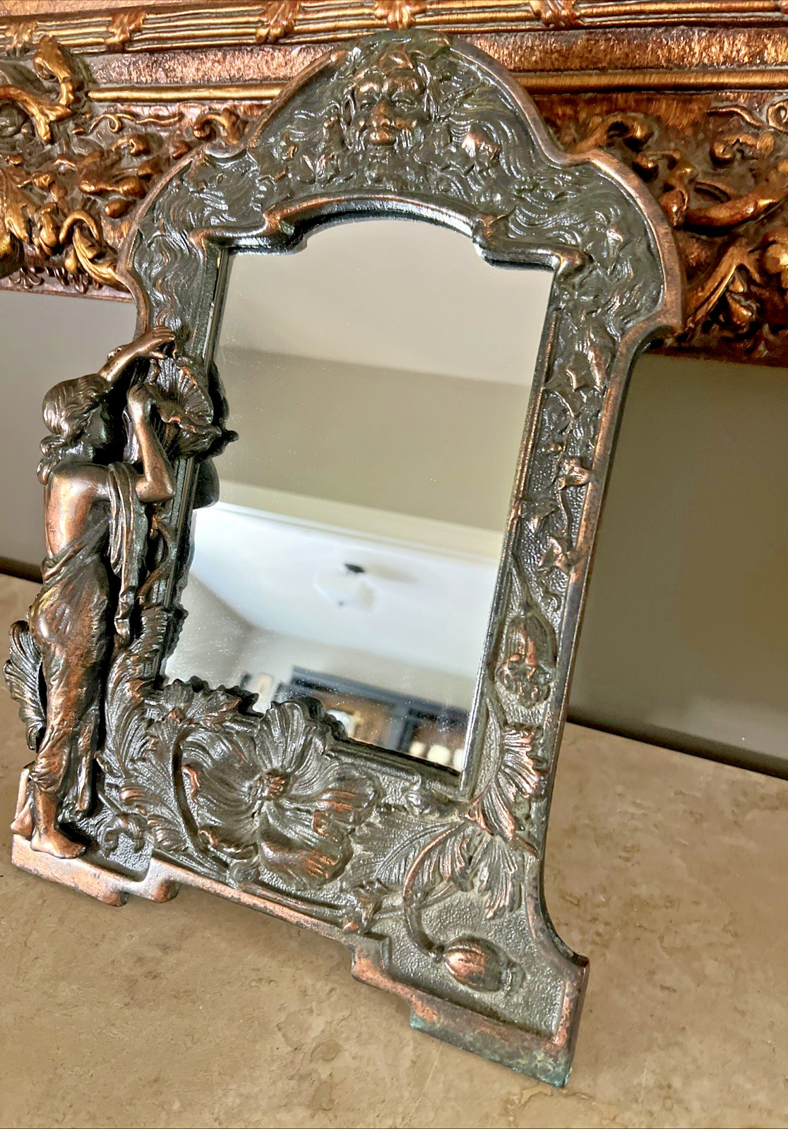VINTAGE ART NOUVEAU VANITY TABLE MIRROR / CAST IRON w/ COPPER FINISH 17″H x 13″W