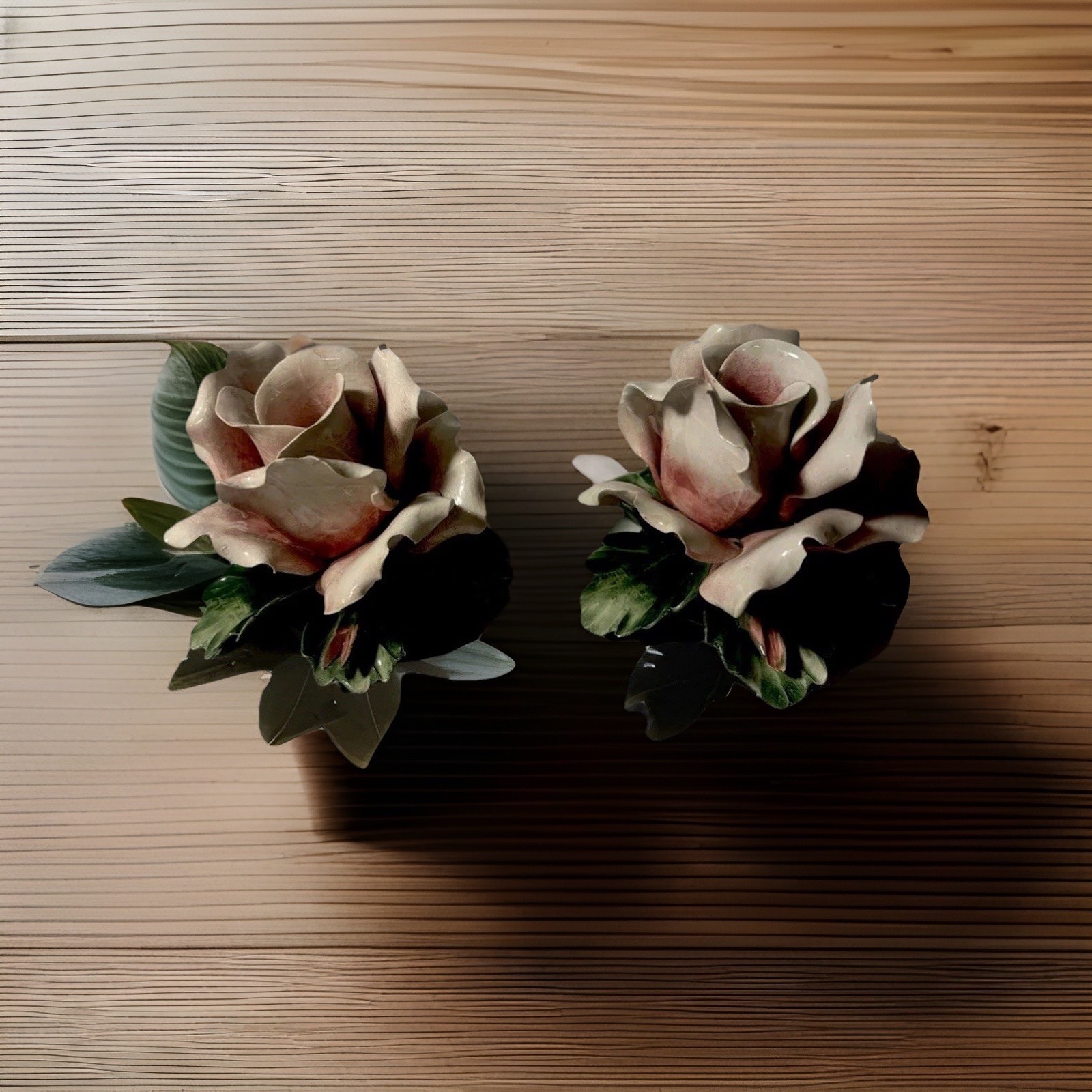 Vintage S. Rioleva Italy Hand Painted Capodimonte Pink Rose Candle Holder Set
