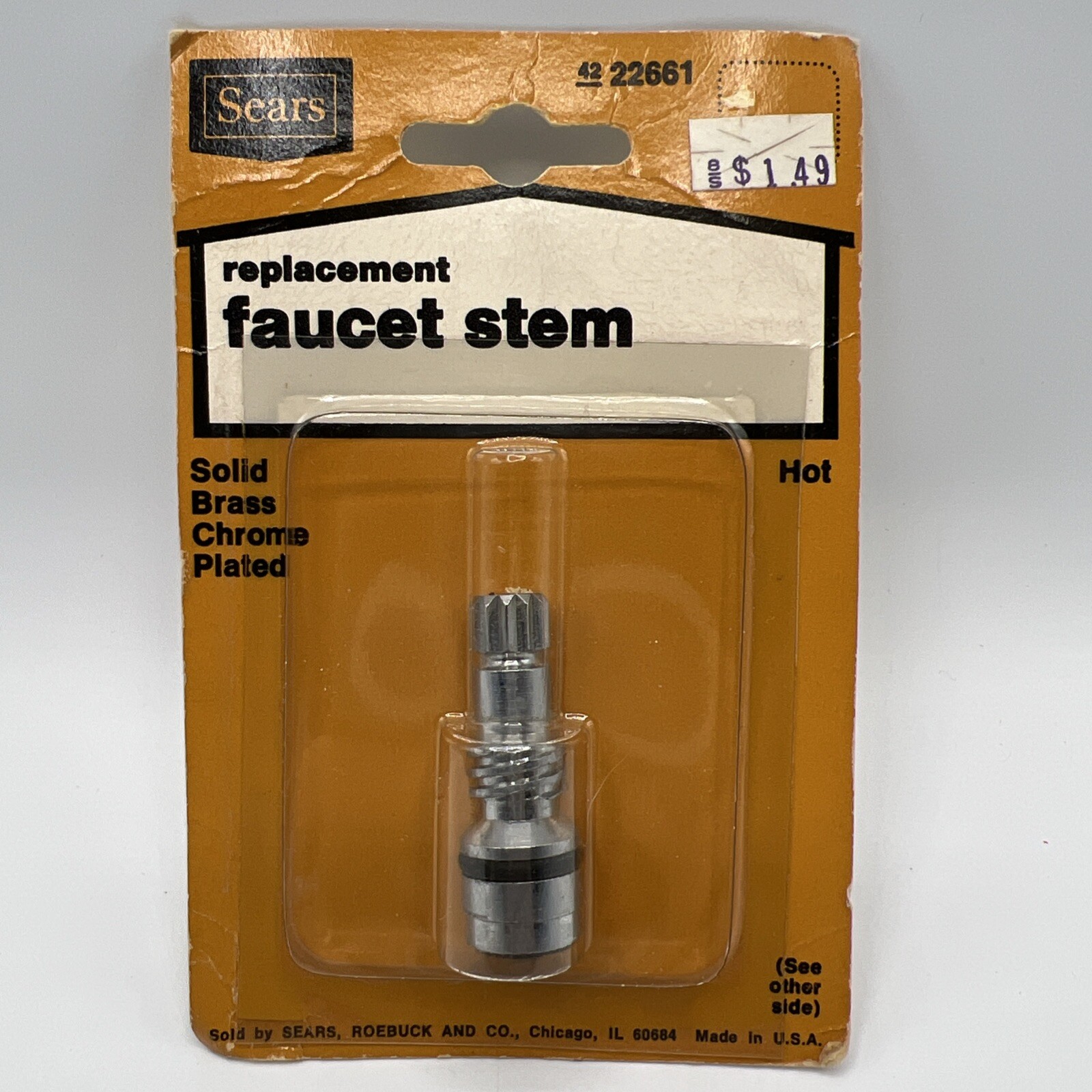 Vintage Sears Faucet Stem Replacement Hot Solid Brass Chrome Plated NOS USA