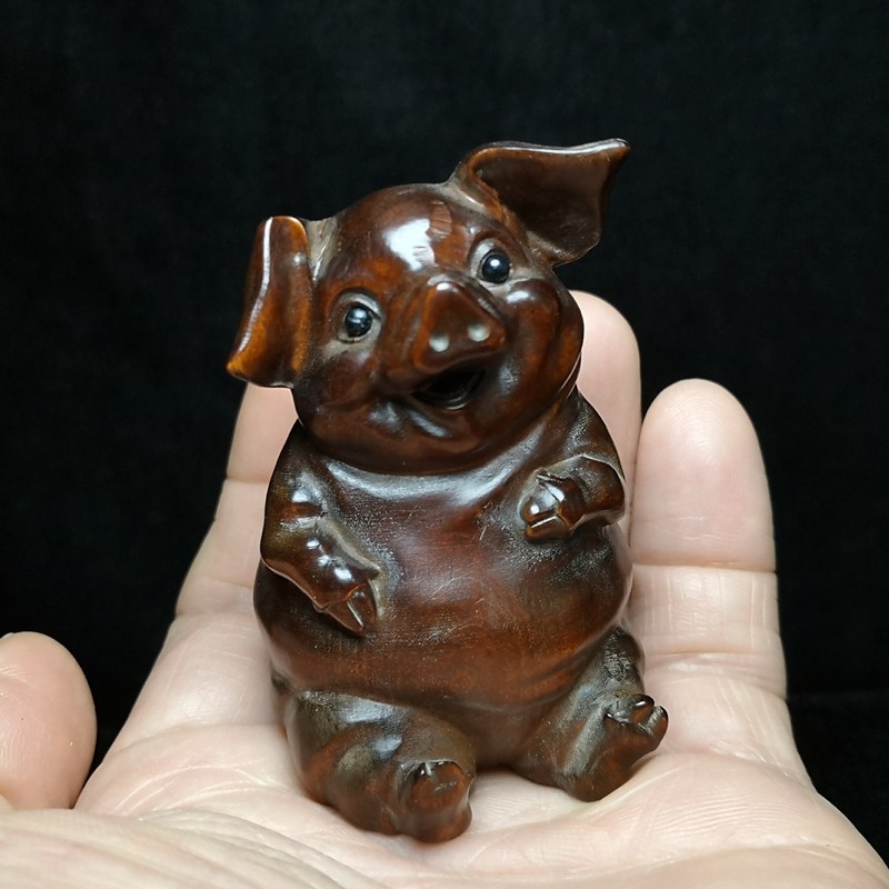 2.7 Inch Old Chinese Boxwood Hand carved Zodiac Pig Statue Desk Decoration Gift